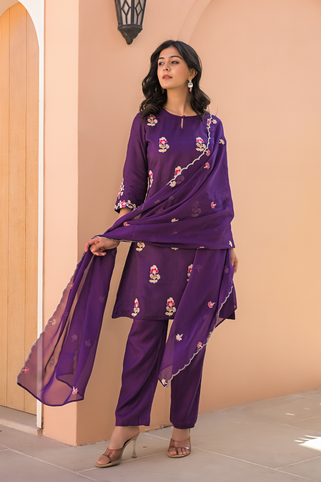 Silk Blend Kurta Stitched Set (3Pc) with Thread Work