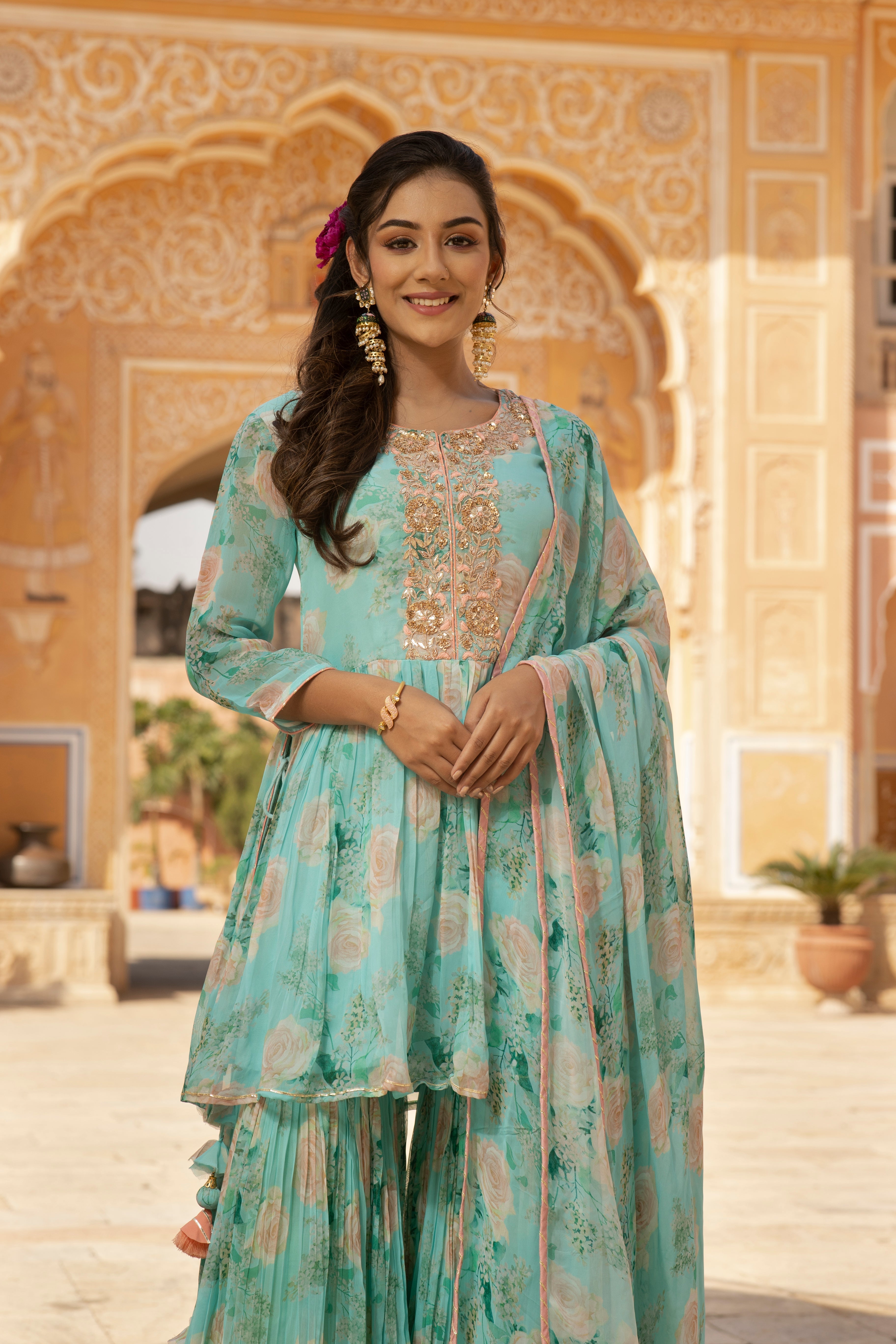 Printed Georgette Peplum kurta with Sharara in Digital Print