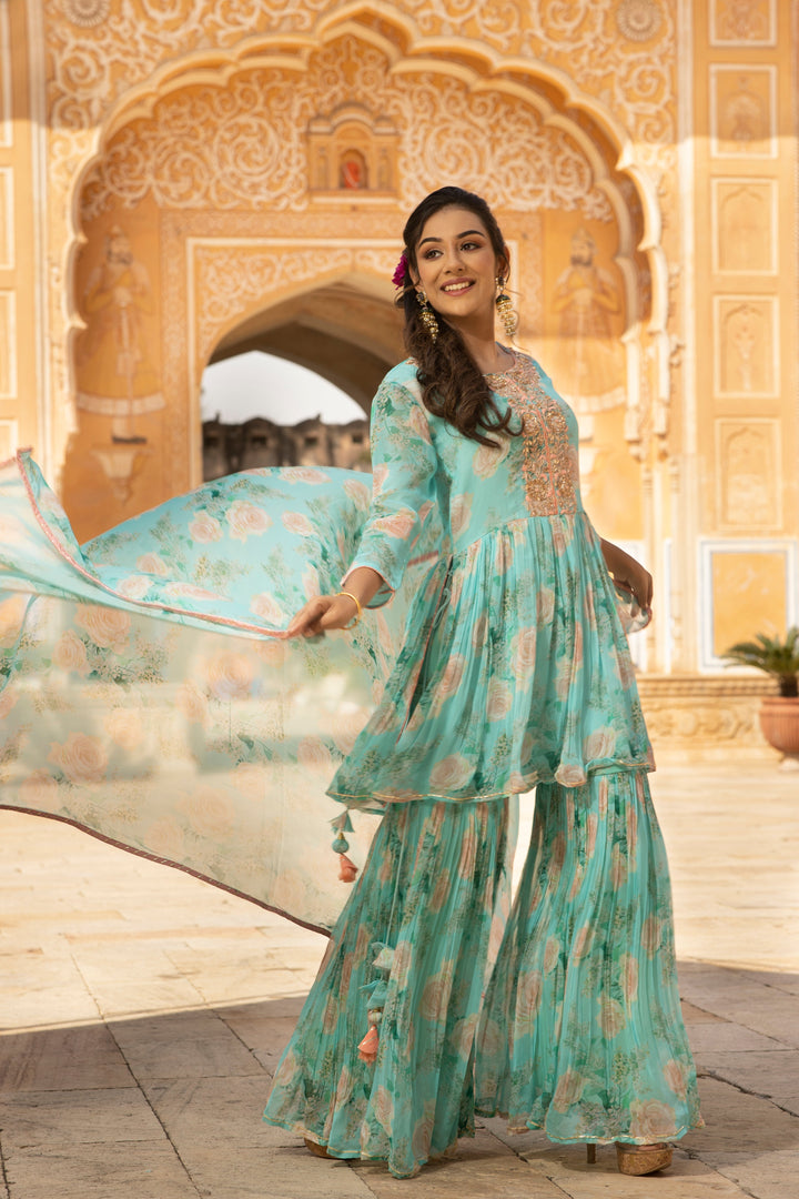 Printed Georgette Peplum kurta with Sharara in Digital Print