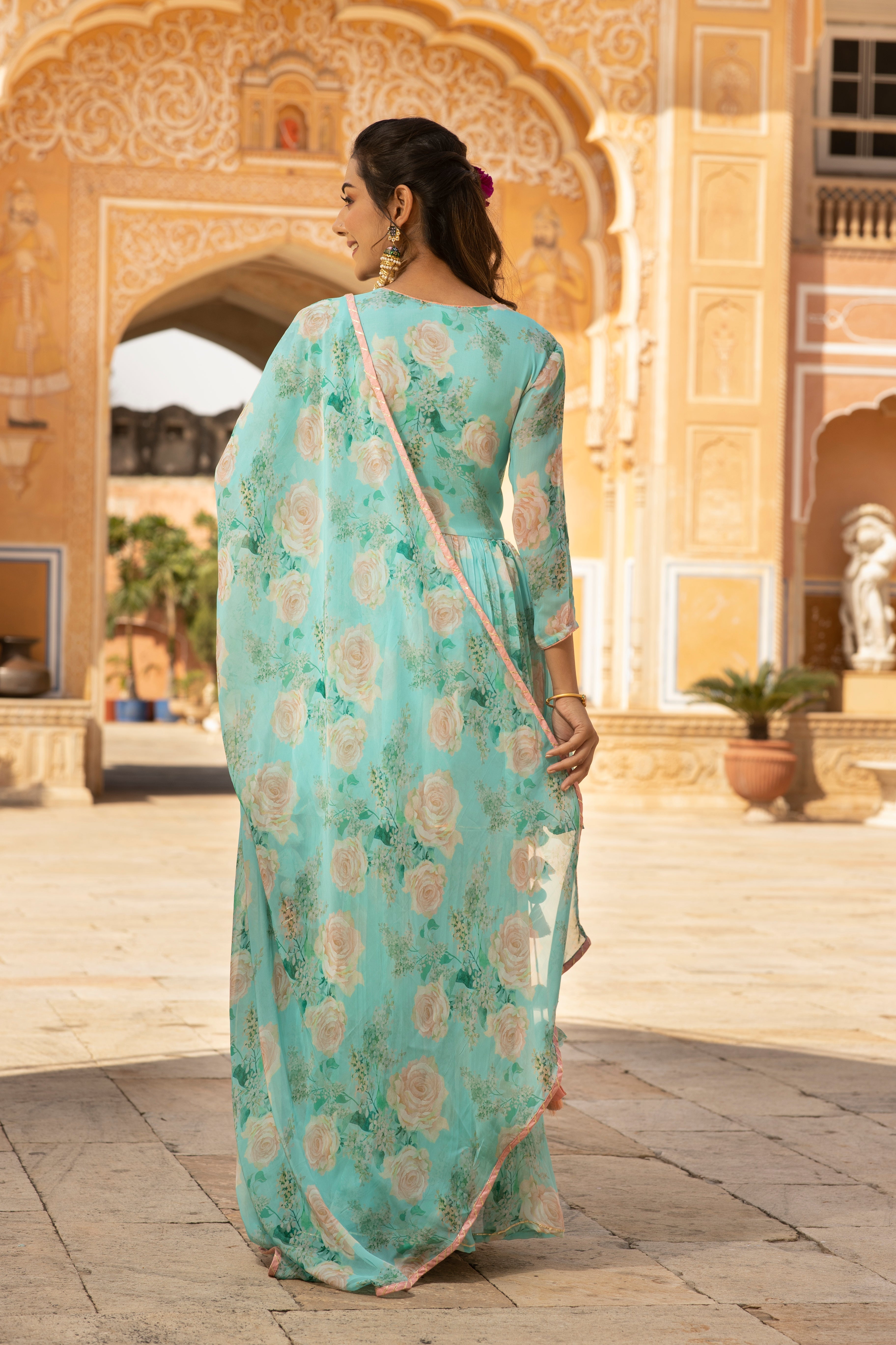 Printed Georgette Peplum kurta with Sharara in Digital Print