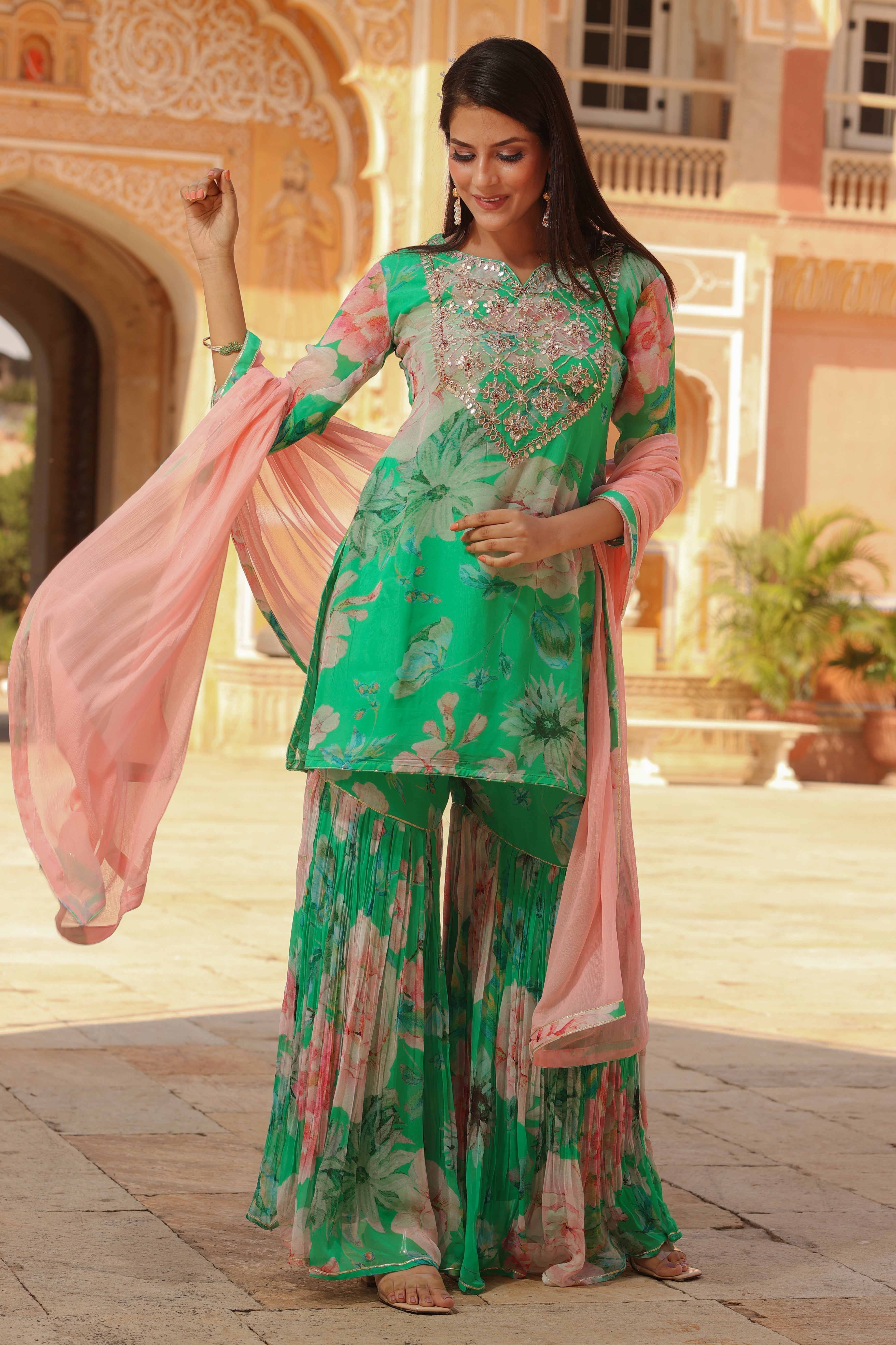 Printed Georgette Sharara Suit with Zardozi work.