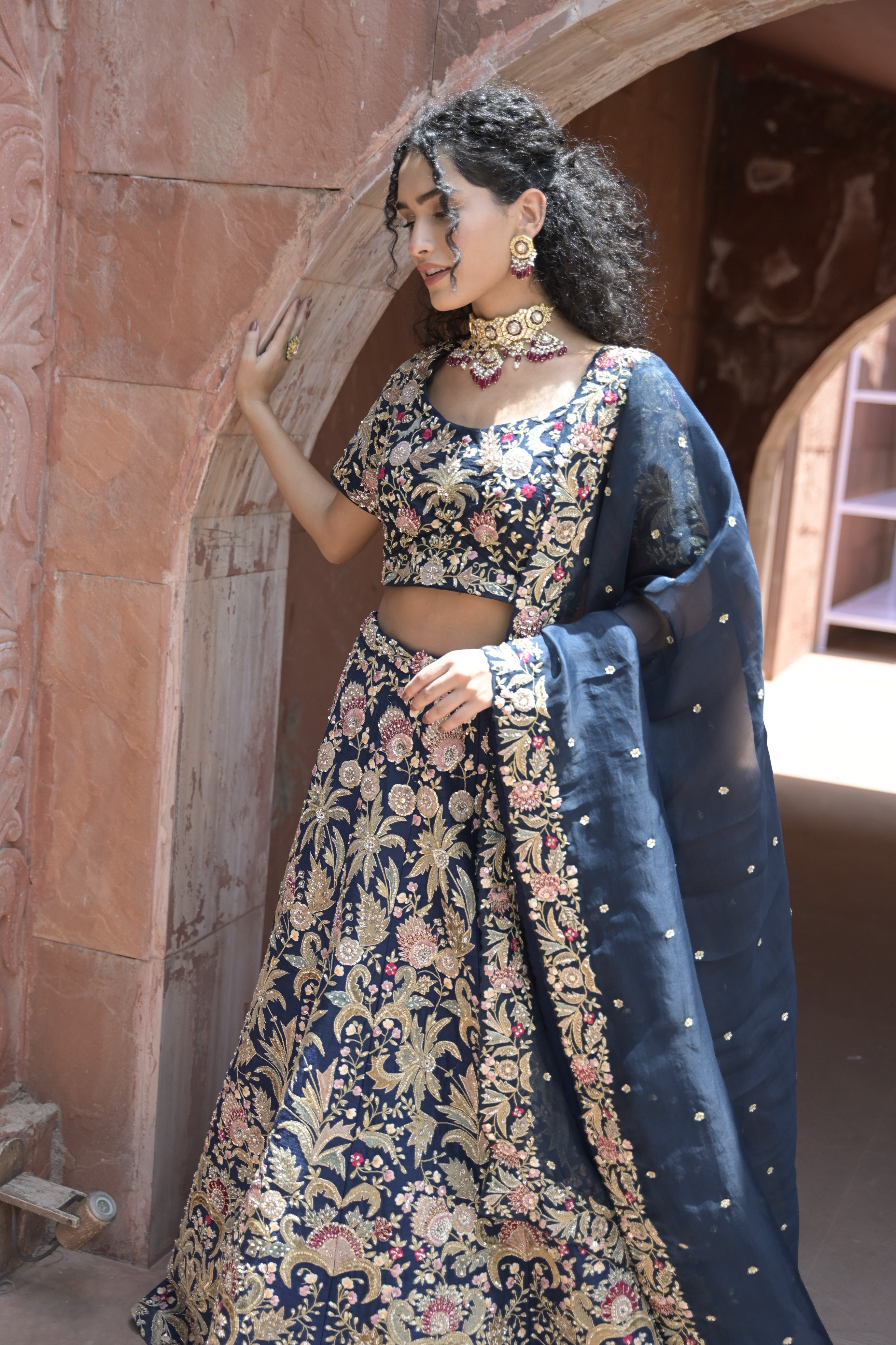 Exquisite Embroidered Raw Silk Lehenga adorned with Sequins and Thread Work