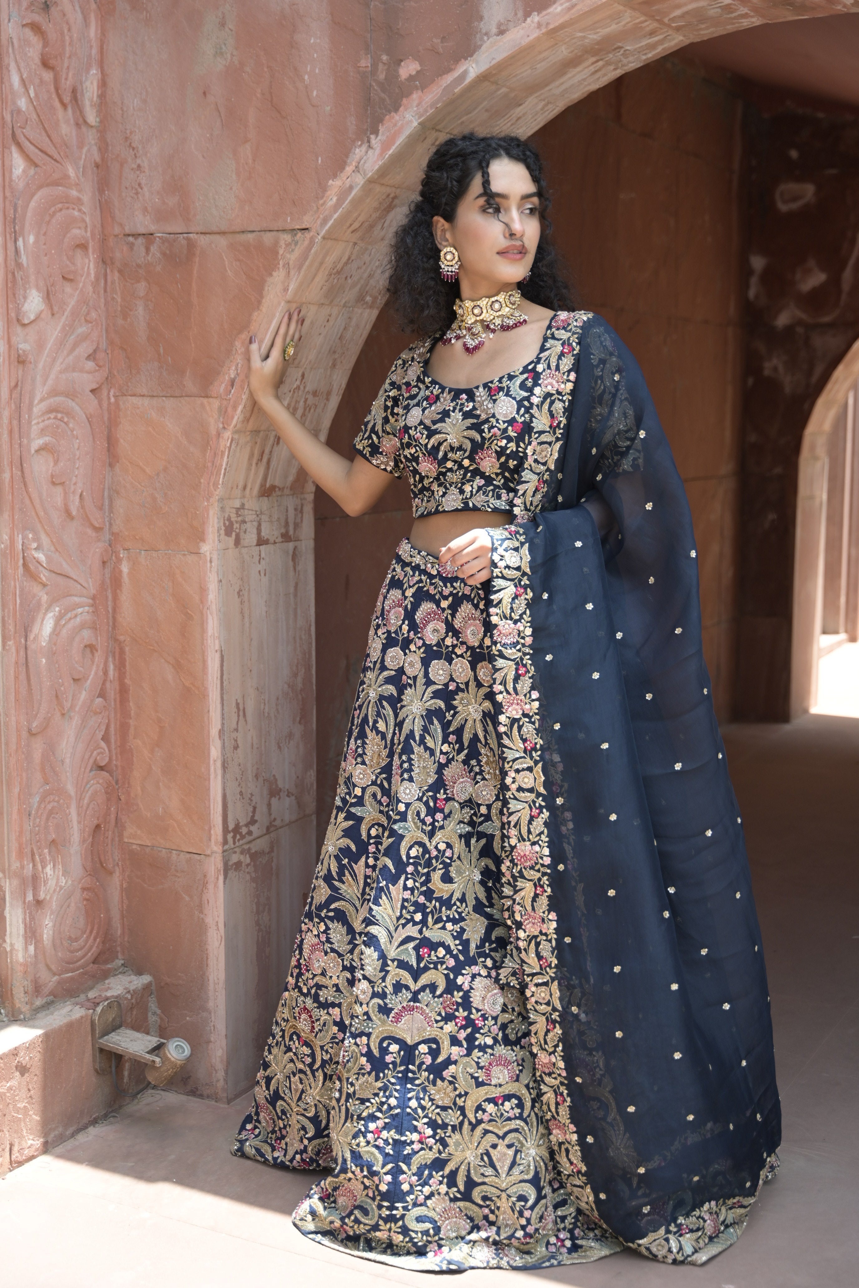 Exquisite Embroidered Raw Silk Lehenga adorned with Sequins and Thread Work