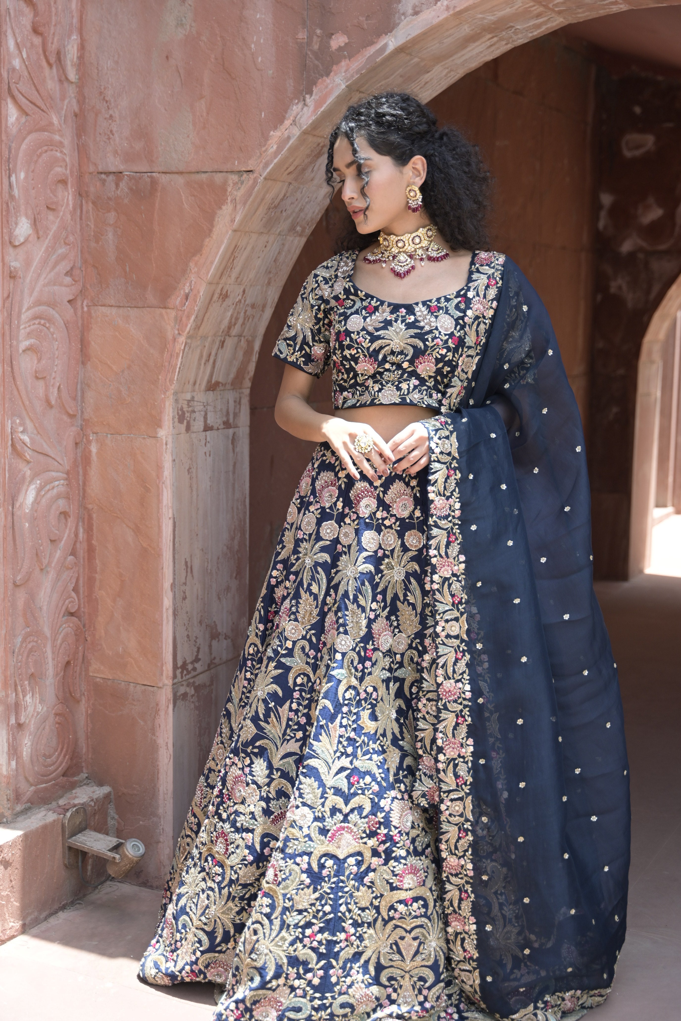 Exquisite Embroidered Raw Silk Lehenga adorned with Sequins and Thread Work
