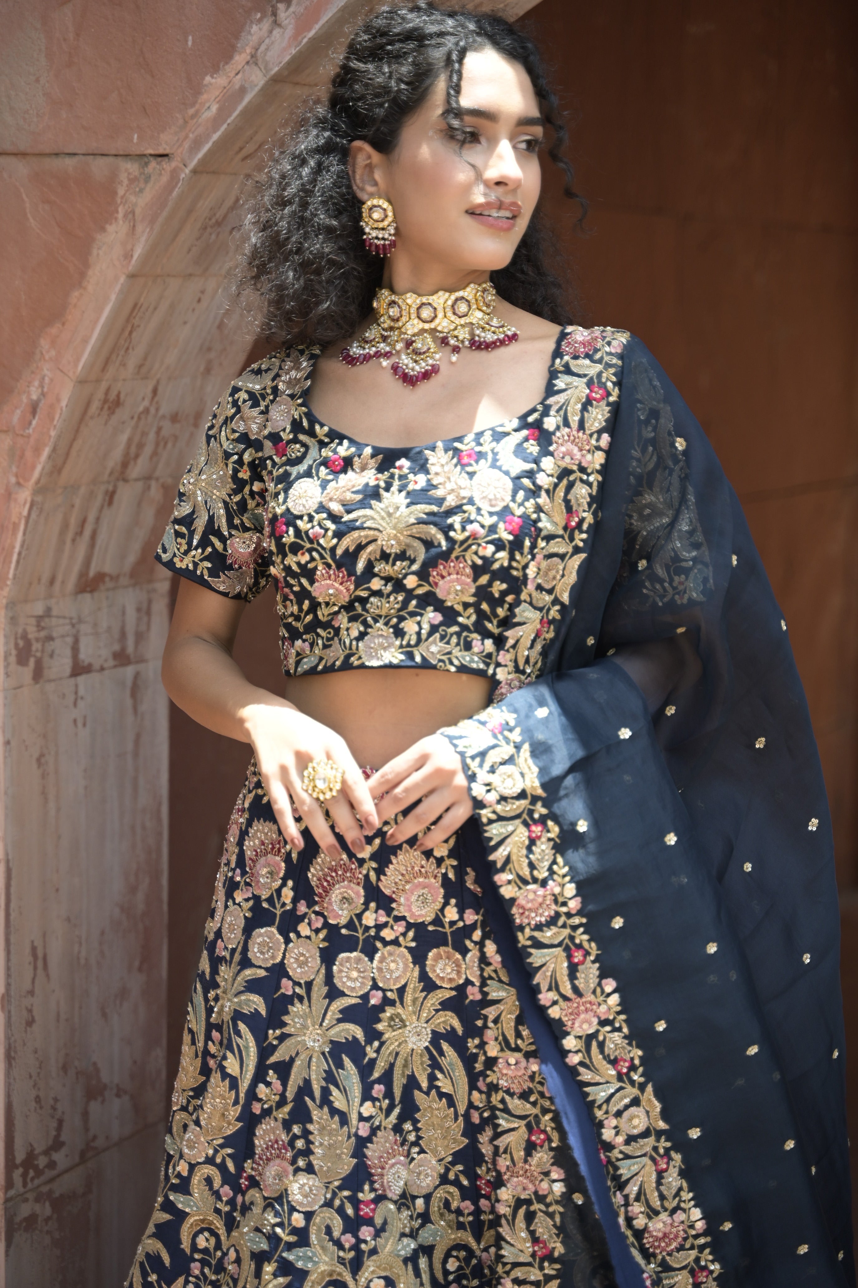 Exquisite Embroidered Raw Silk Lehenga adorned with Sequins and Thread Work