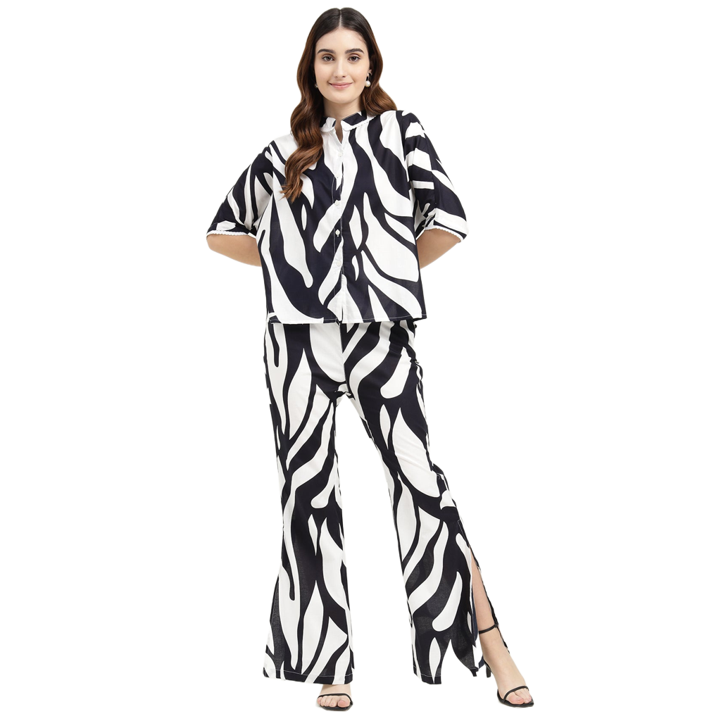 Abstract Print Pure Cotton Co Ords Set with Embroidered Lace work on Collar