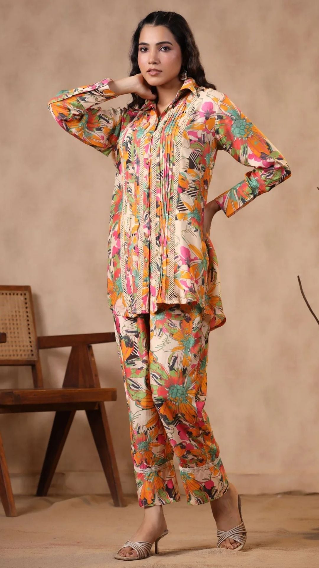 Printed Embroidered Muslin Co Ord Set