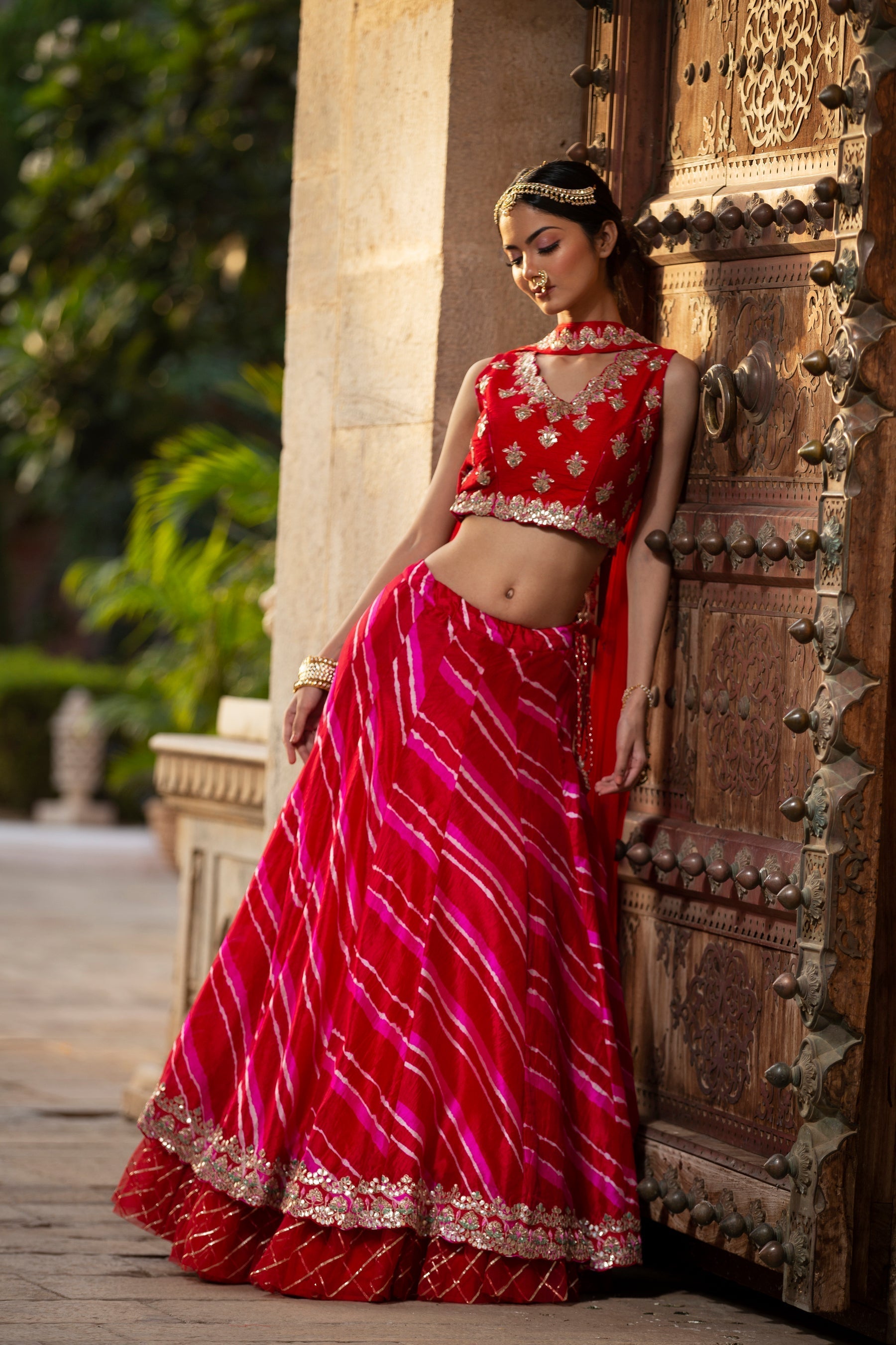 Leheriya Tussar silk Lehenga with Gota Patti, Zardozi work.