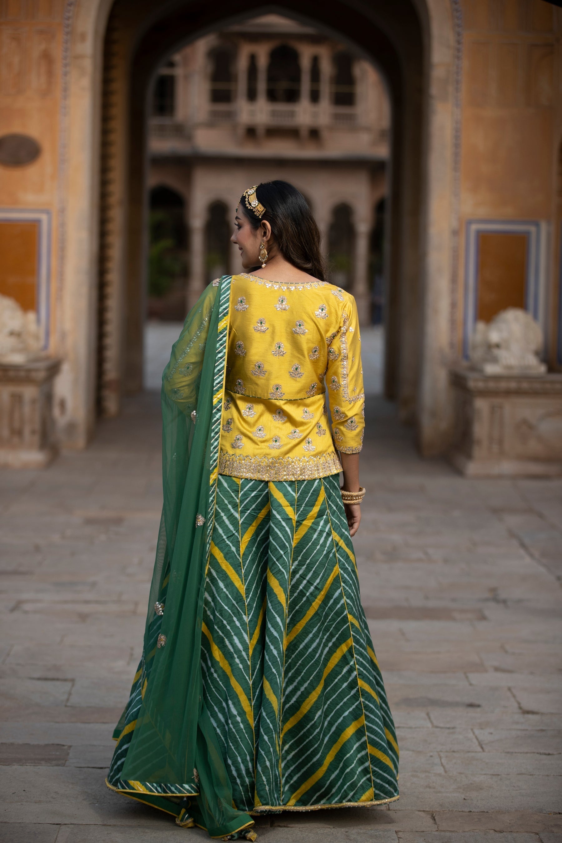 Leheriya Silk Lehenga with Dori, Gota Patti, Sequins, Thread work.