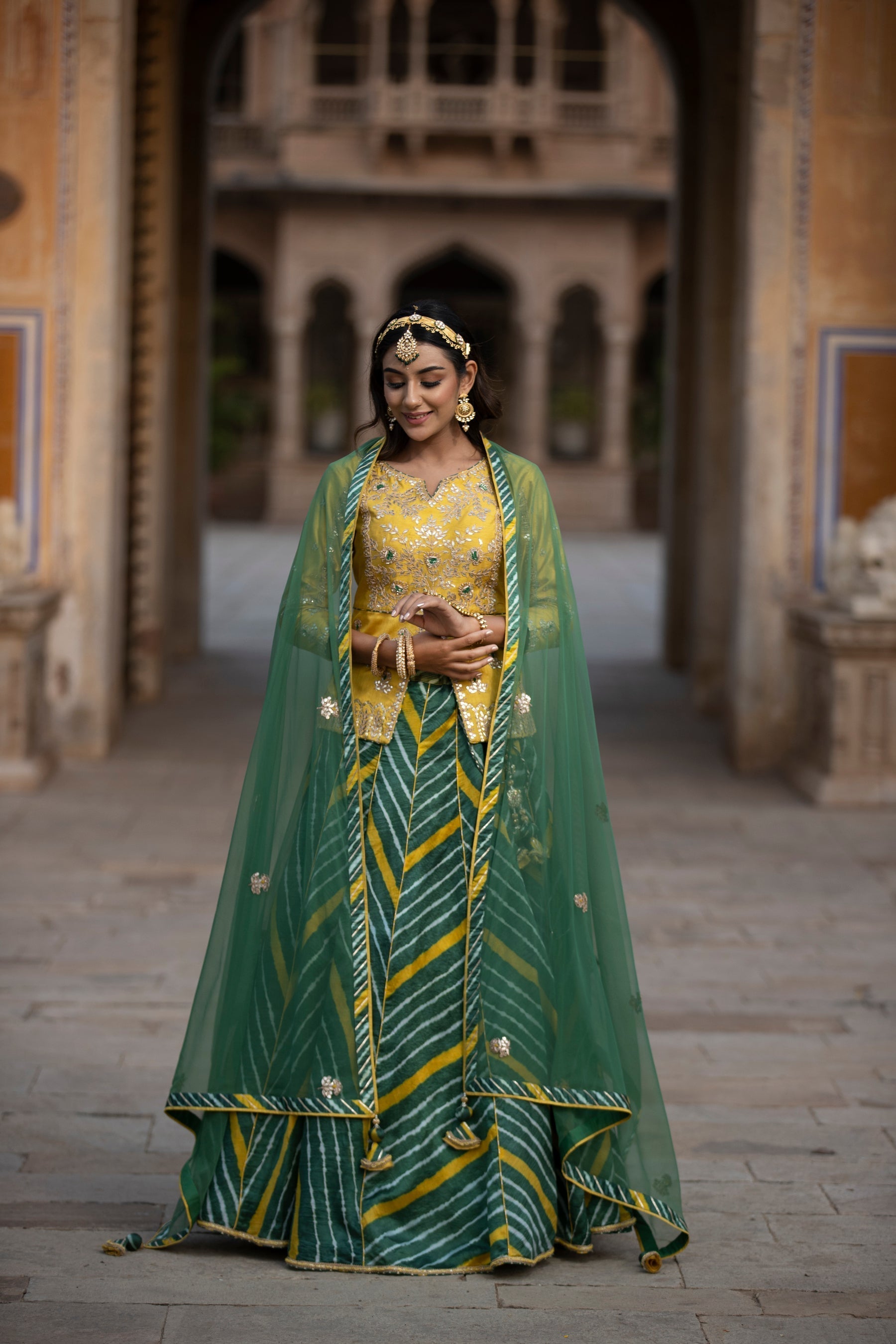 Leheriya Silk Lehenga with Dori, Gota Patti, Sequins, Thread work.