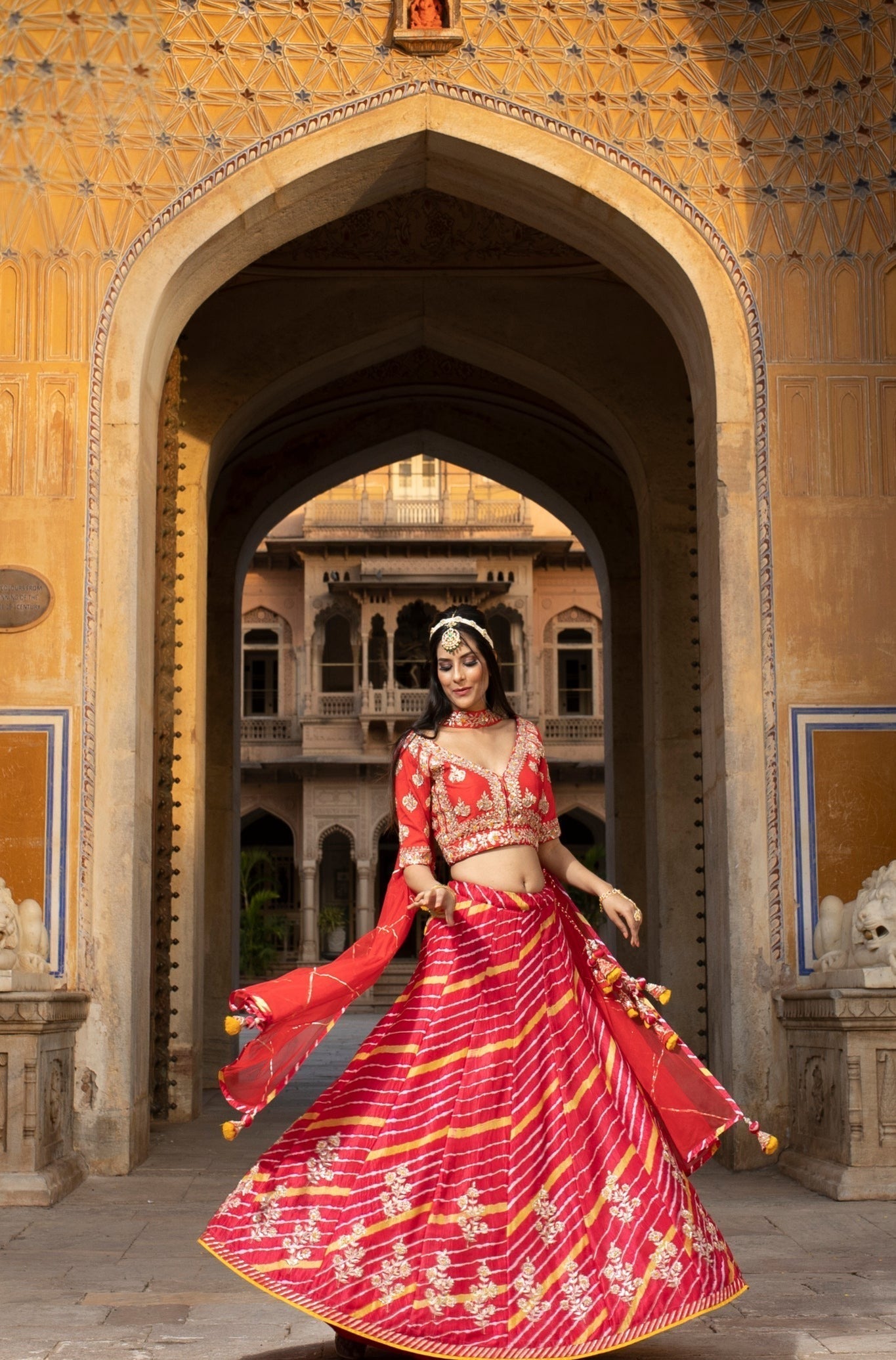 Leheriya Tussar silk Lehenga with Gota Patti work.