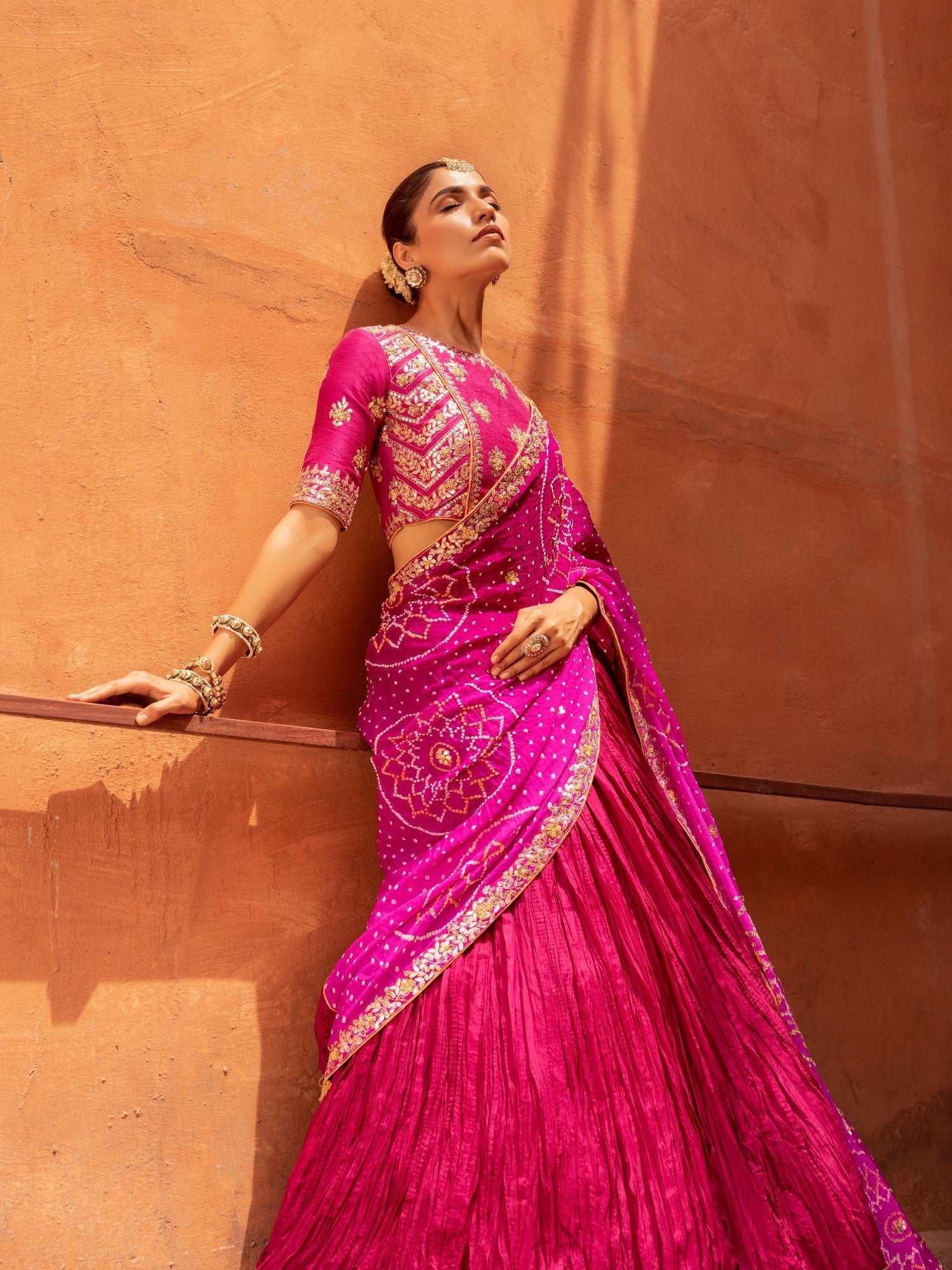 Silk Crush Lehenga with Bandhej Duppatta with Zardozi Work Blouse.