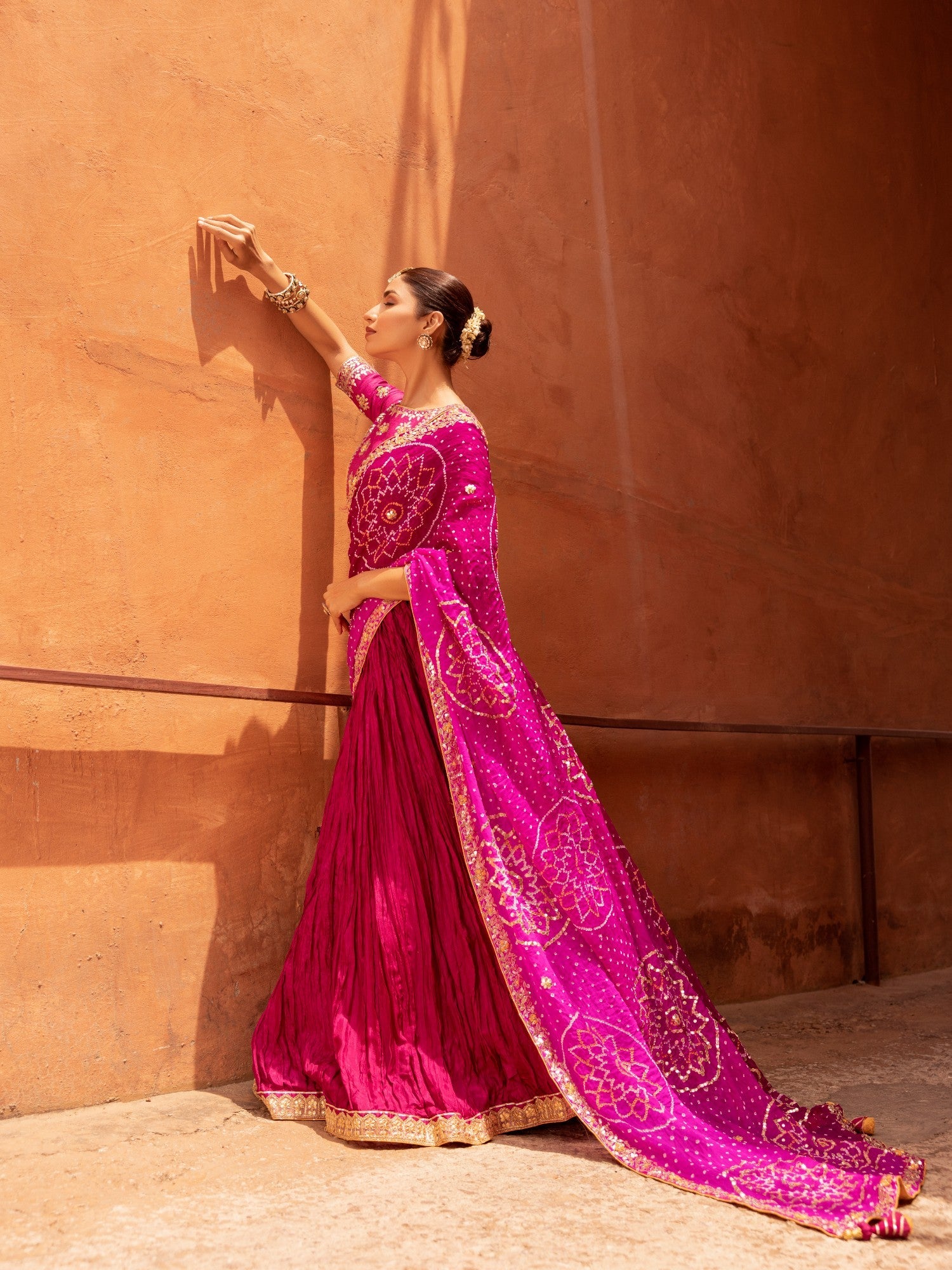 Silk Crush Lehenga with Bandhej Duppatta with Zardozi Work Blouse.
