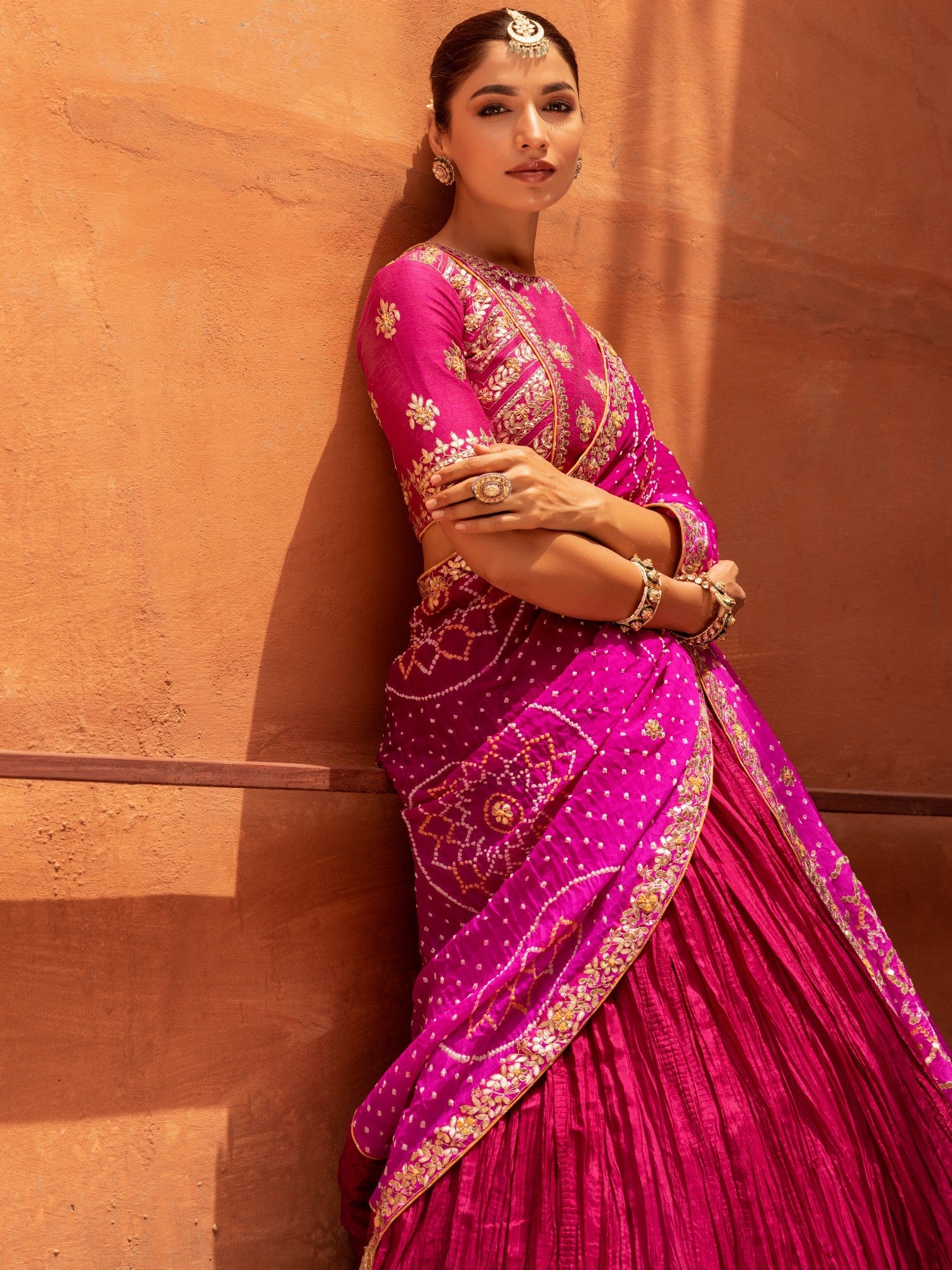 Silk Crush Lehenga with Bandhej Duppatta with Zardozi Work Blouse.