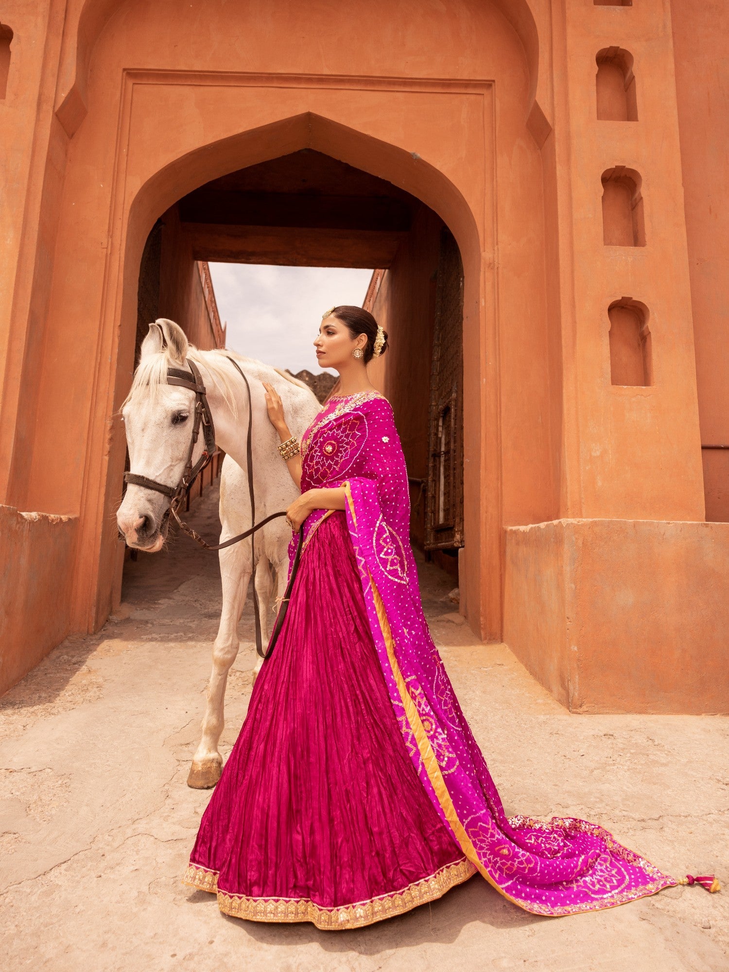 Silk Crush Lehenga with Bandhej Duppatta with Zardozi Work Blouse.