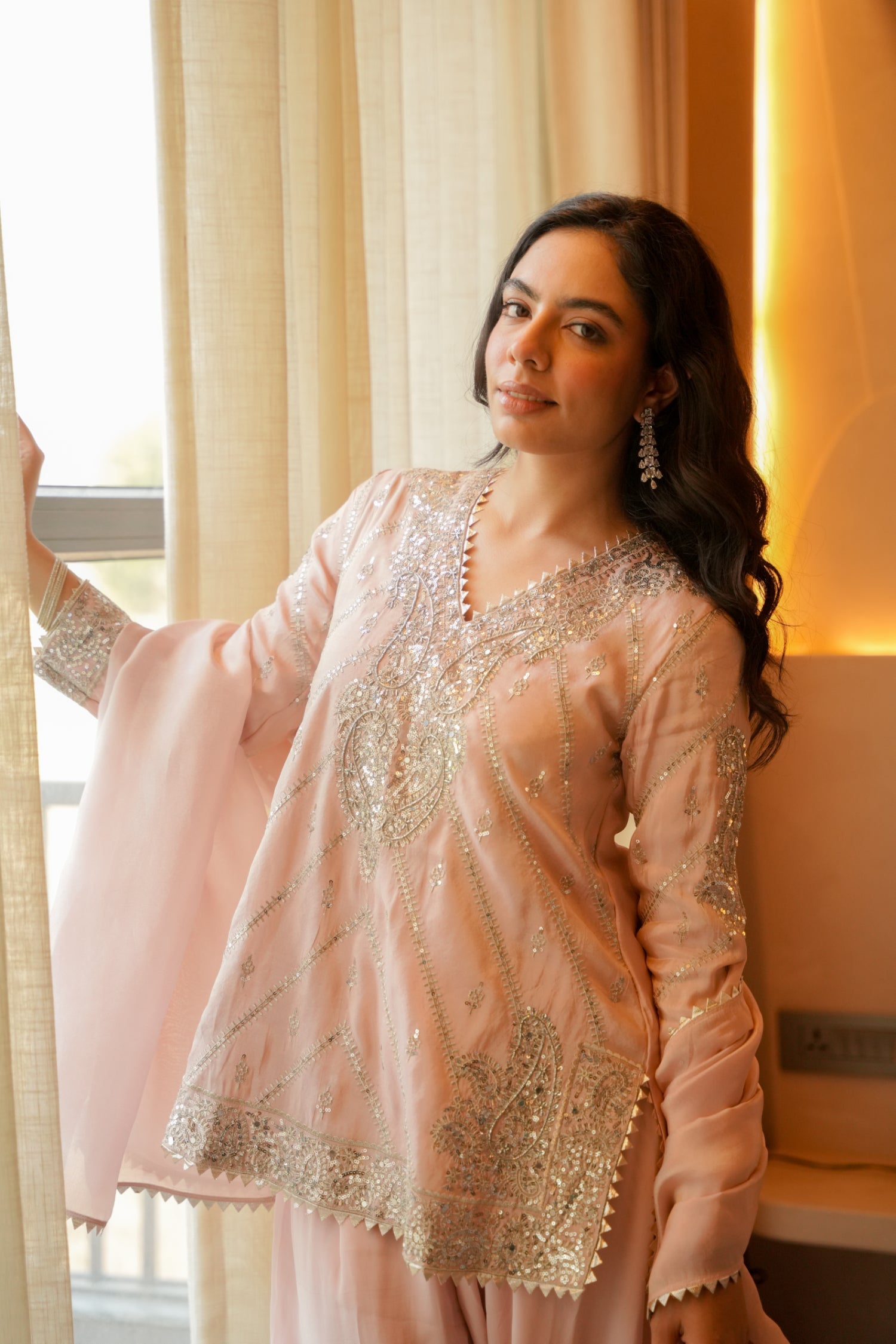 Shimmer tissue Suit with Mirror, Sequins, Thread work.