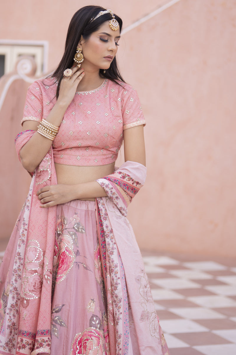 Silk Lehenga with Digital Print and Gota Patti work.