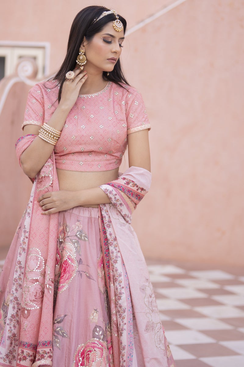 Silk Lehenga with Digital Print and Gota Patti work.
