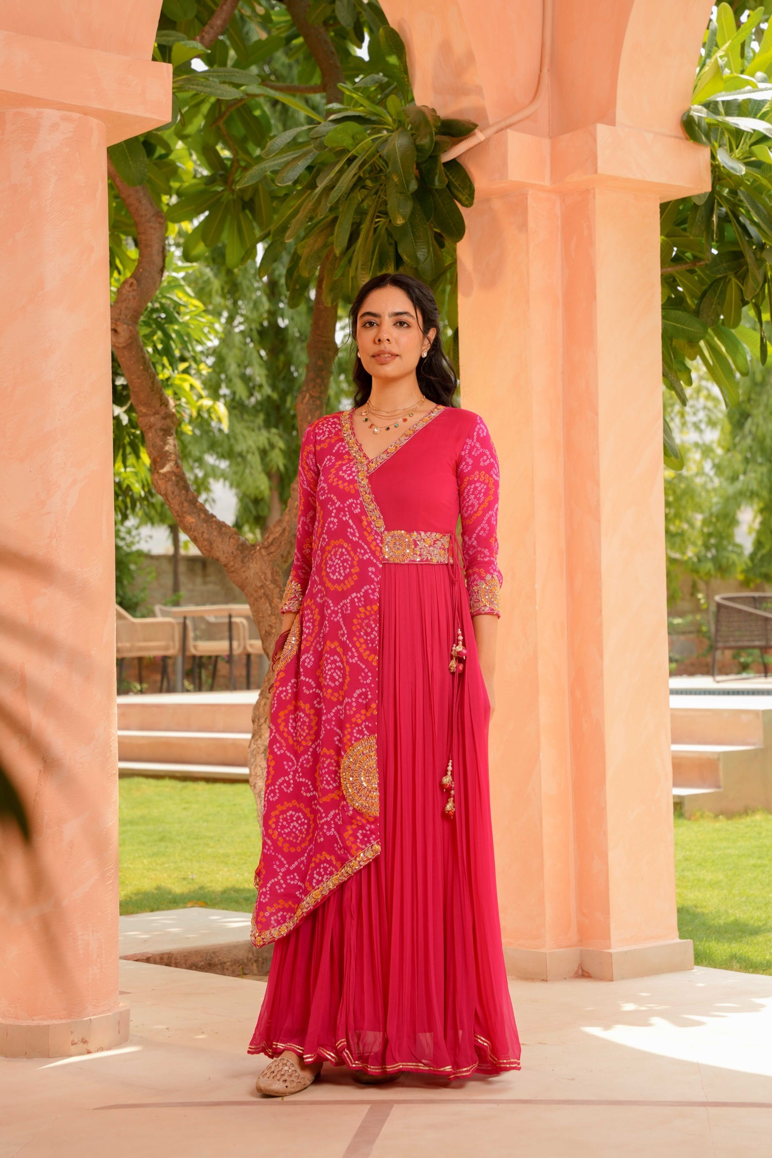 Traditional Bandhej Georgette Anarkali Suit with Gota Patti, Zardozi & Thread Embroidery