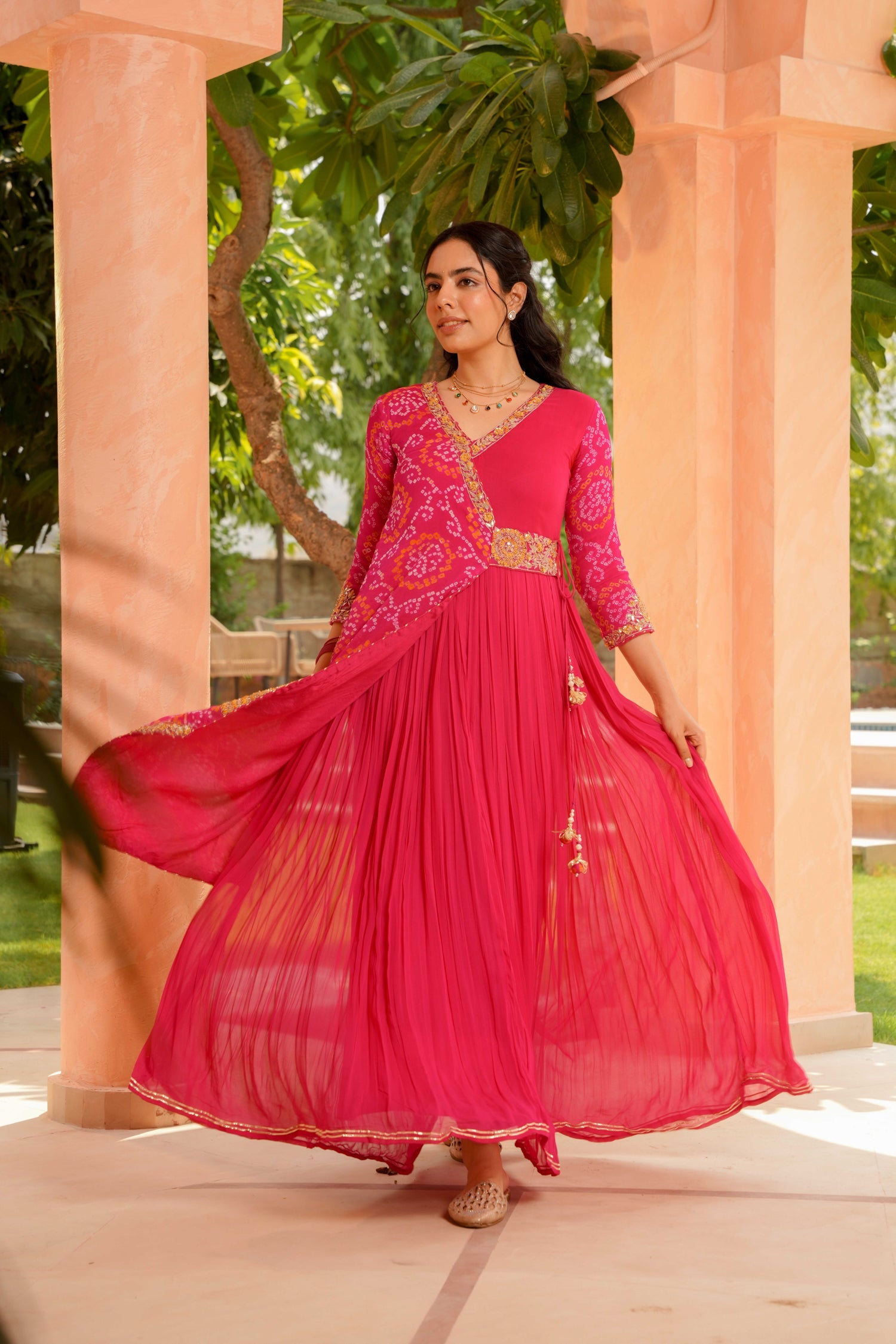 Traditional Bandhej Georgette Anarkali Suit with Gota Patti, Zardozi & Thread Embroidery