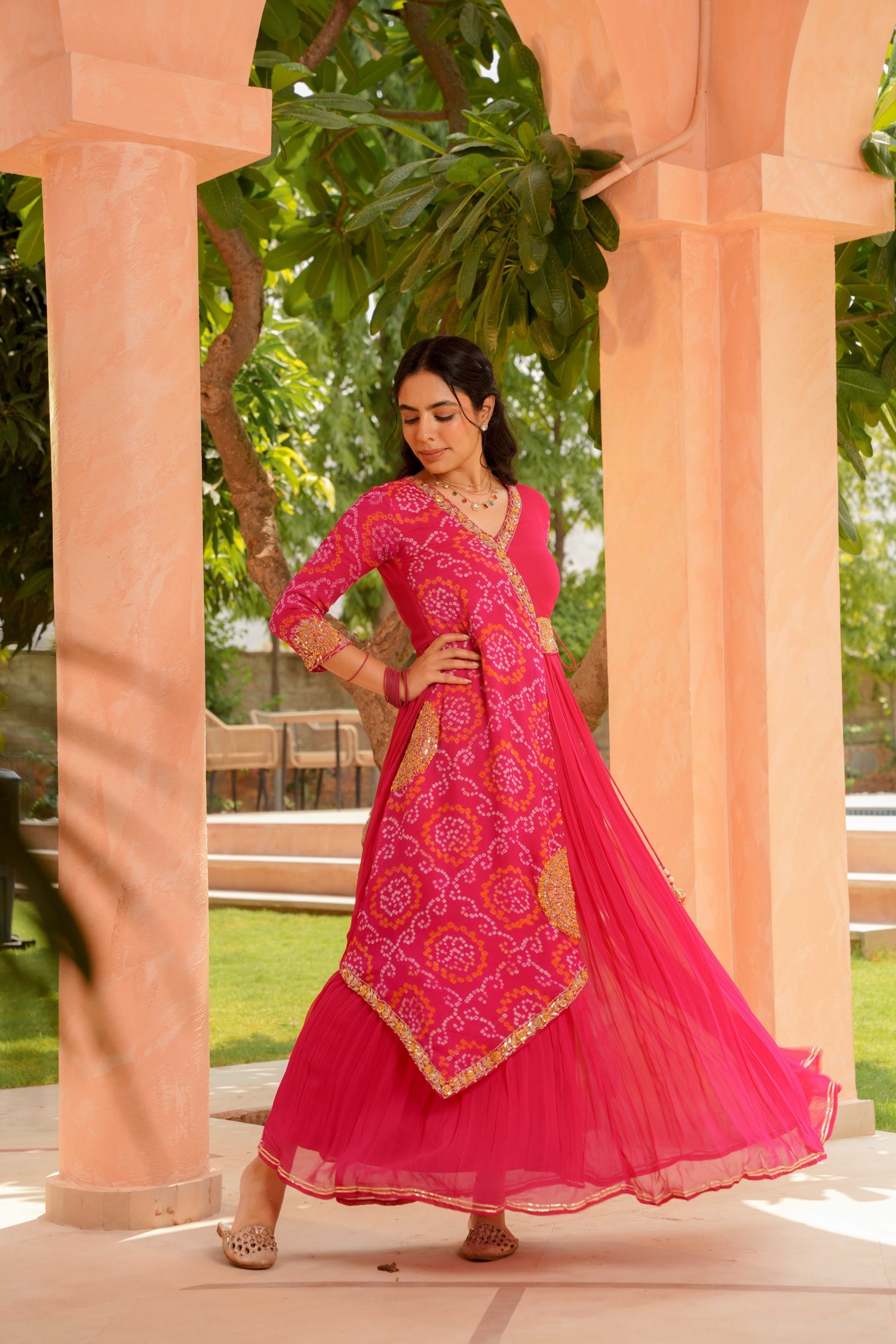 Traditional Bandhej Georgette Anarkali Suit with Gota Patti, Zardozi & Thread Embroidery