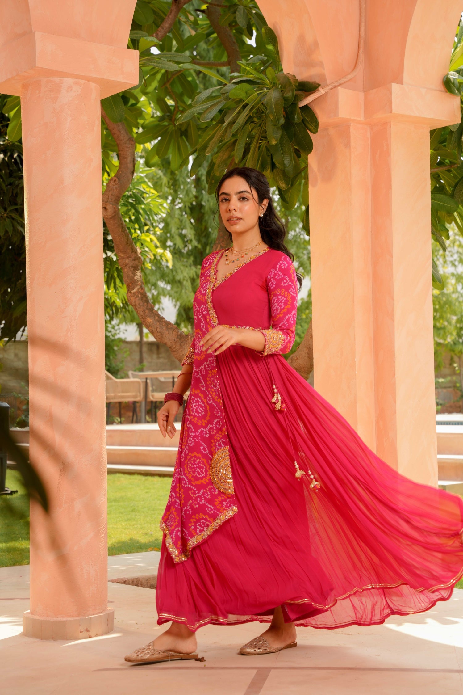 Traditional Bandhej Georgette Anarkali Suit with Gota Patti, Zardozi & Thread Embroidery