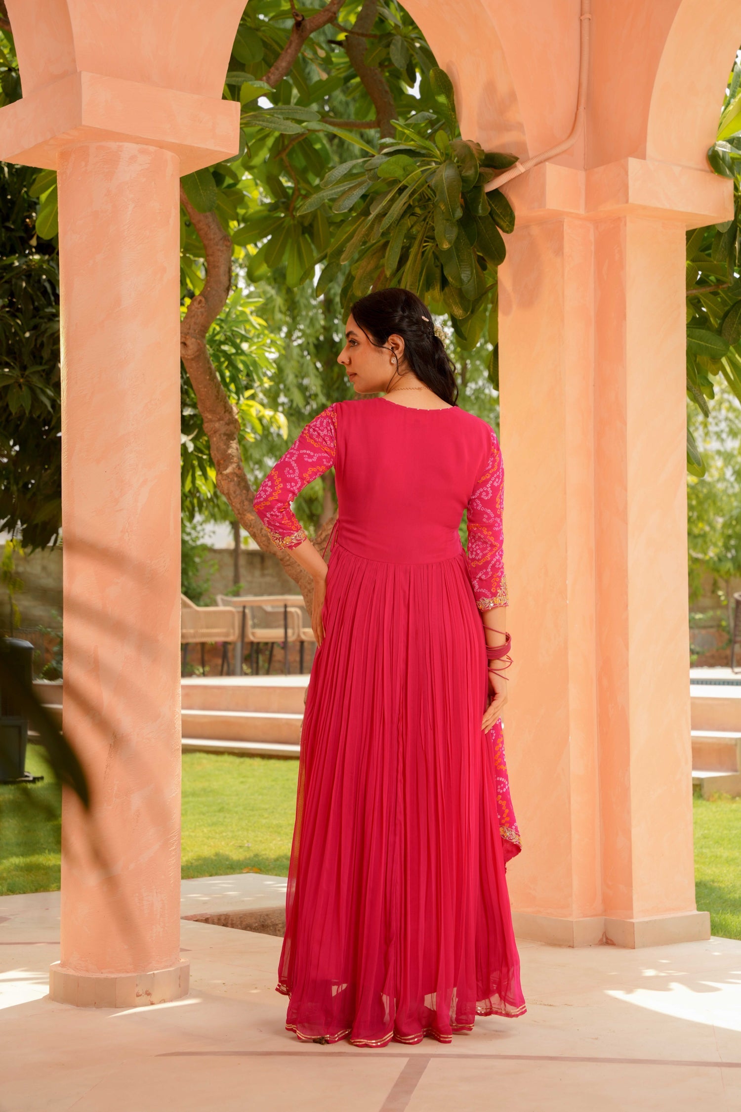 Traditional Bandhej Georgette Anarkali Suit with Gota Patti, Zardozi & Thread Embroidery