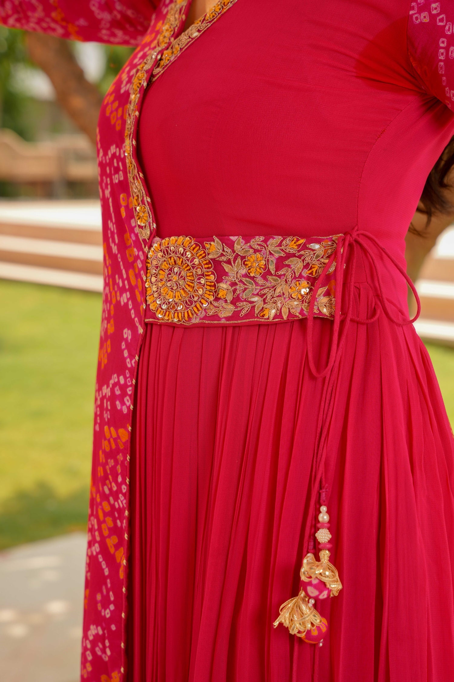 Traditional Bandhej Georgette Anarkali Suit with Gota Patti, Zardozi & Thread Embroidery