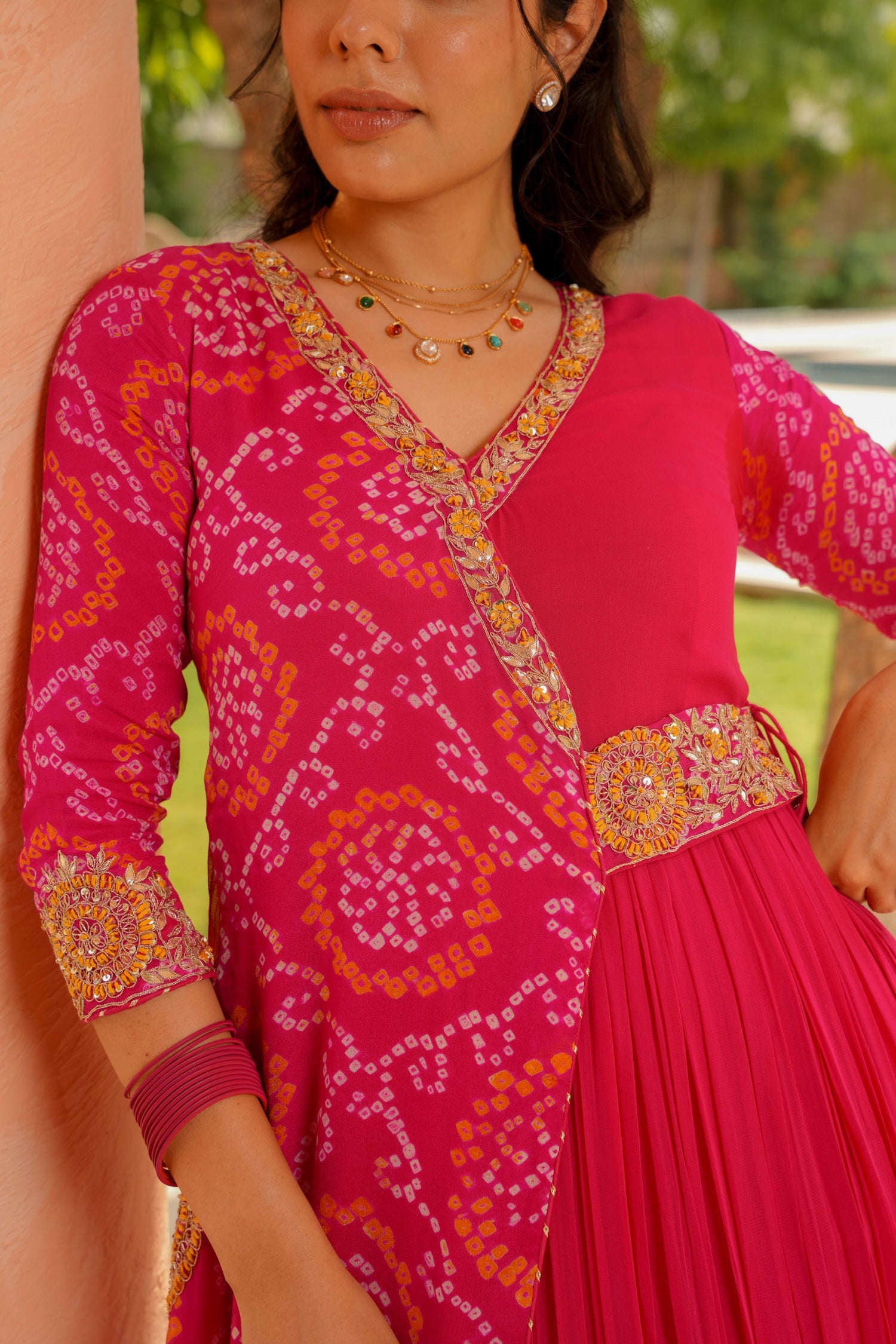 Traditional Bandhej Georgette Anarkali Suit with Gota Patti, Zardozi & Thread Embroidery