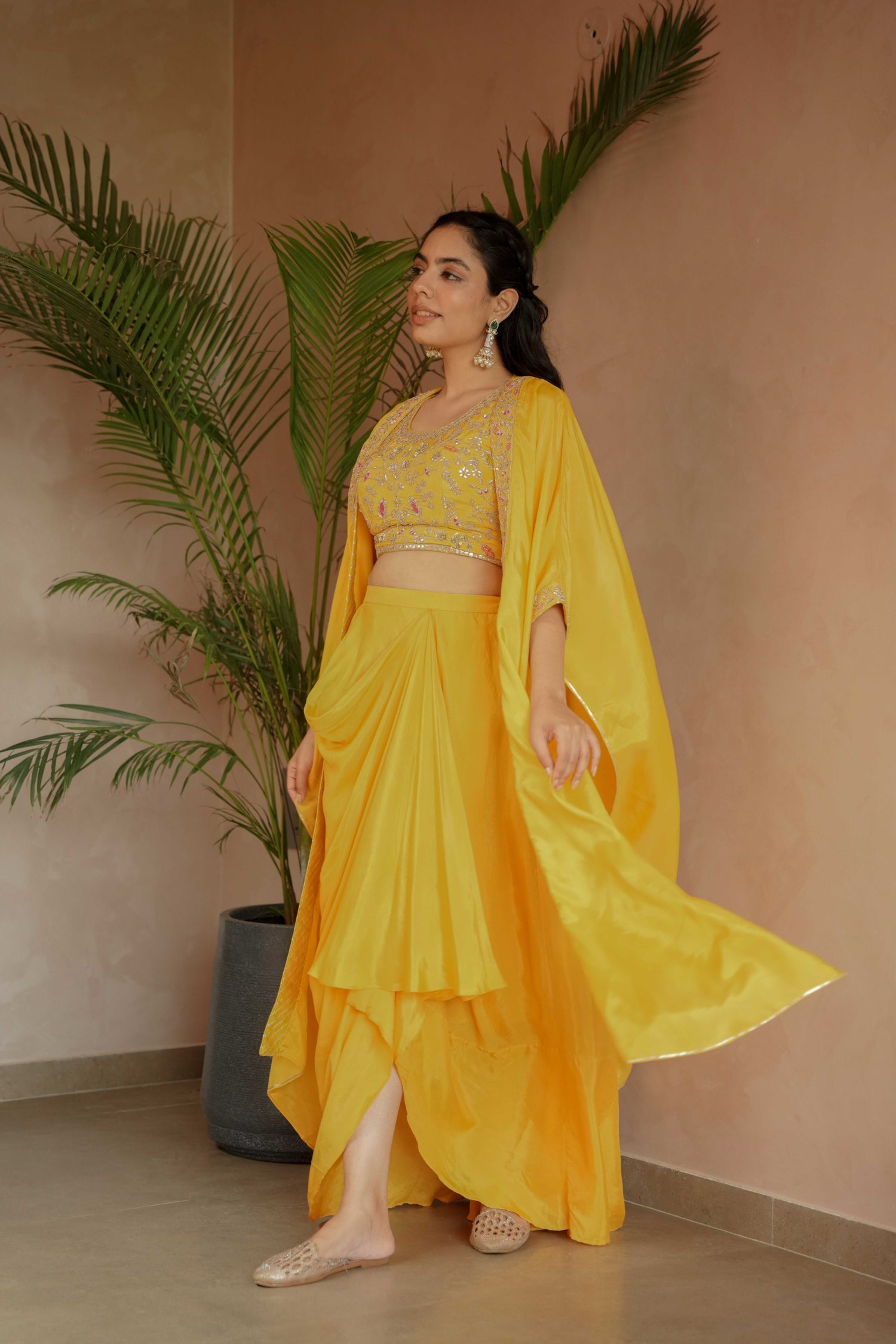 Contemporary Silk Indo-Western Set in Yellow with Gota Patti & Zardozi Detailing