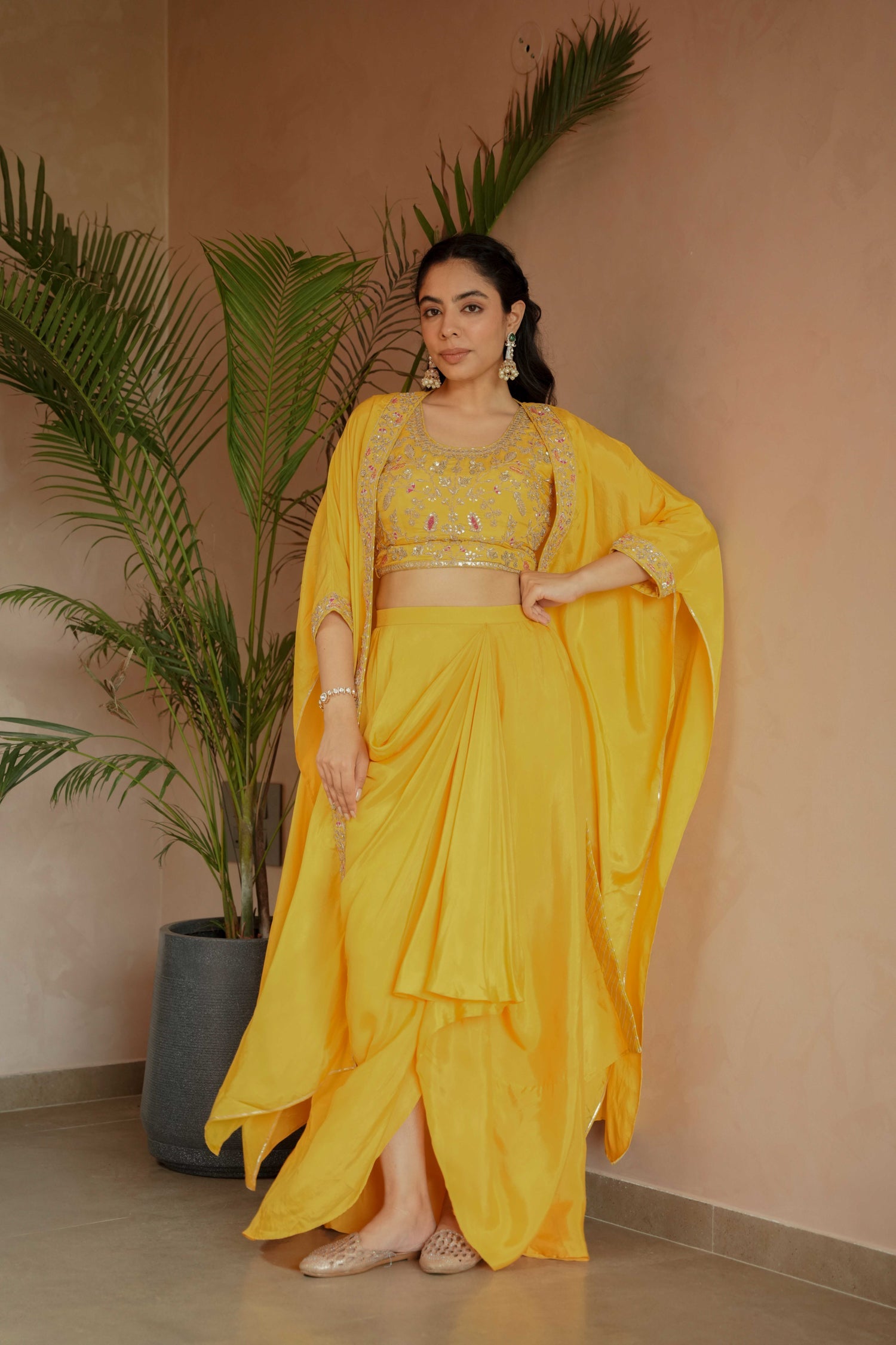 Contemporary Silk Indo-Western Set in Yellow with Gota Patti & Zardozi Detailing