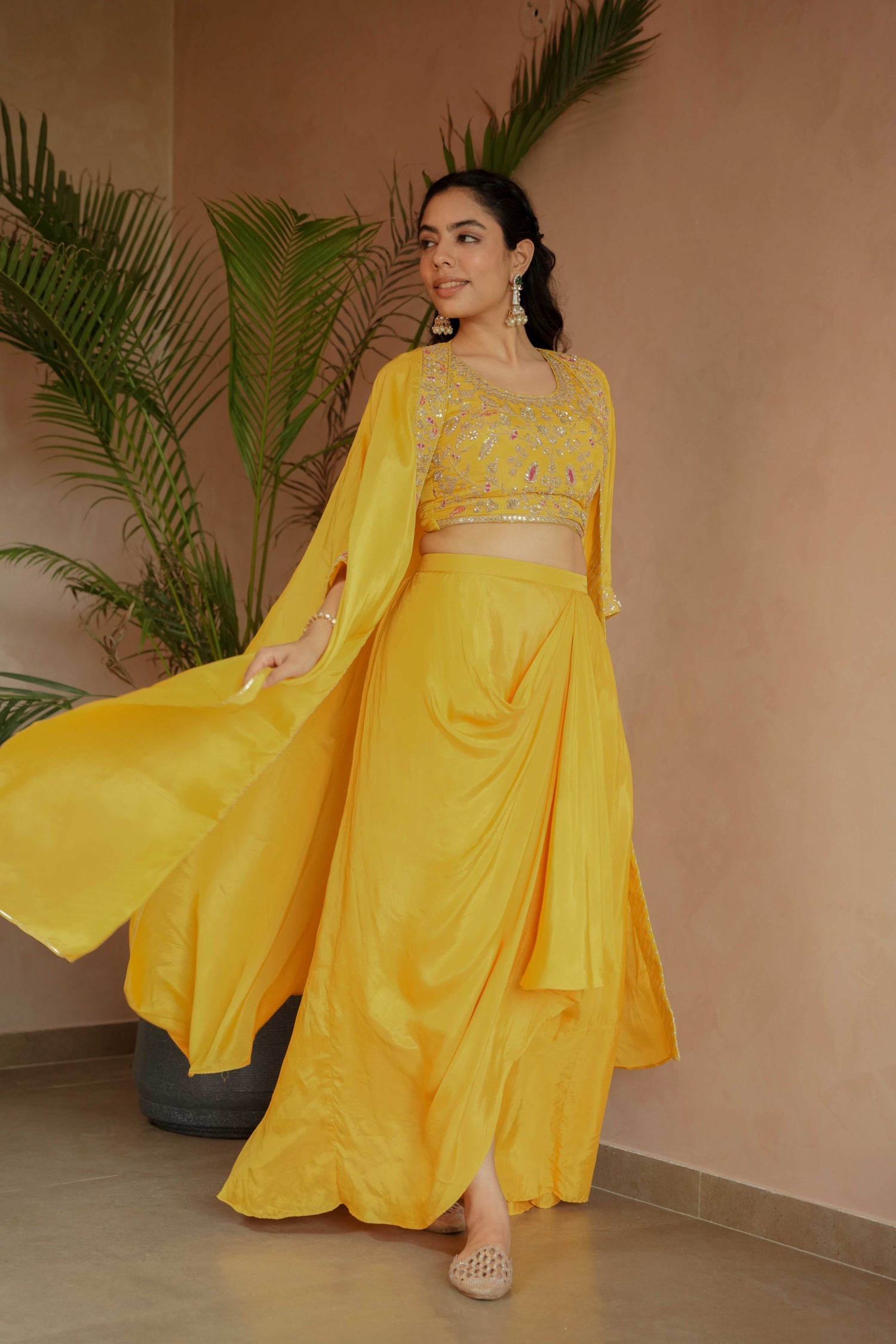 Contemporary Silk Indo-Western Set in Yellow with Gota Patti & Zardozi Detailing