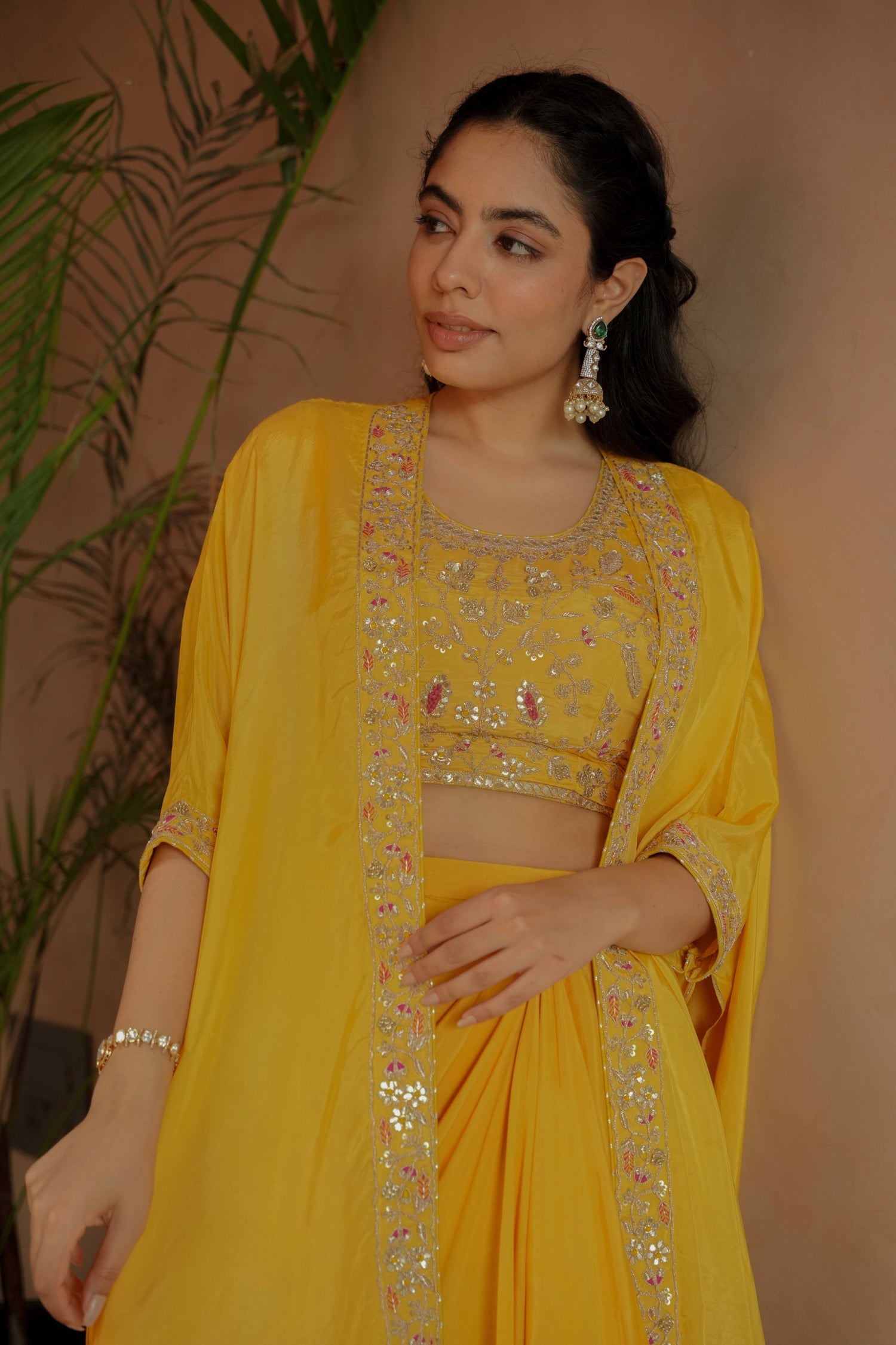 Contemporary Silk Indo-Western Set in Yellow with Gota Patti & Zardozi Detailing