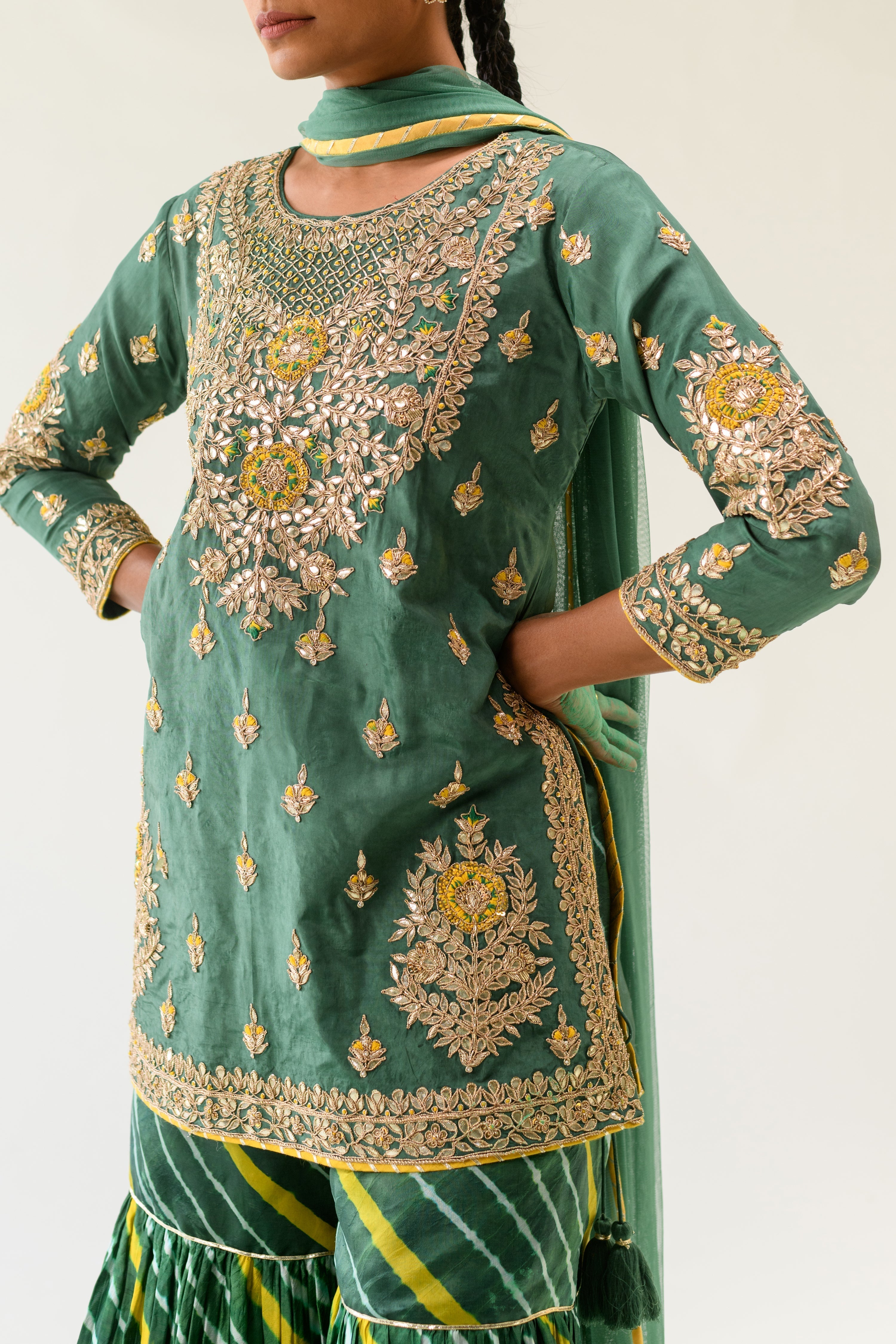 Leheriya Cotton silk Suit with Gota Patti work.