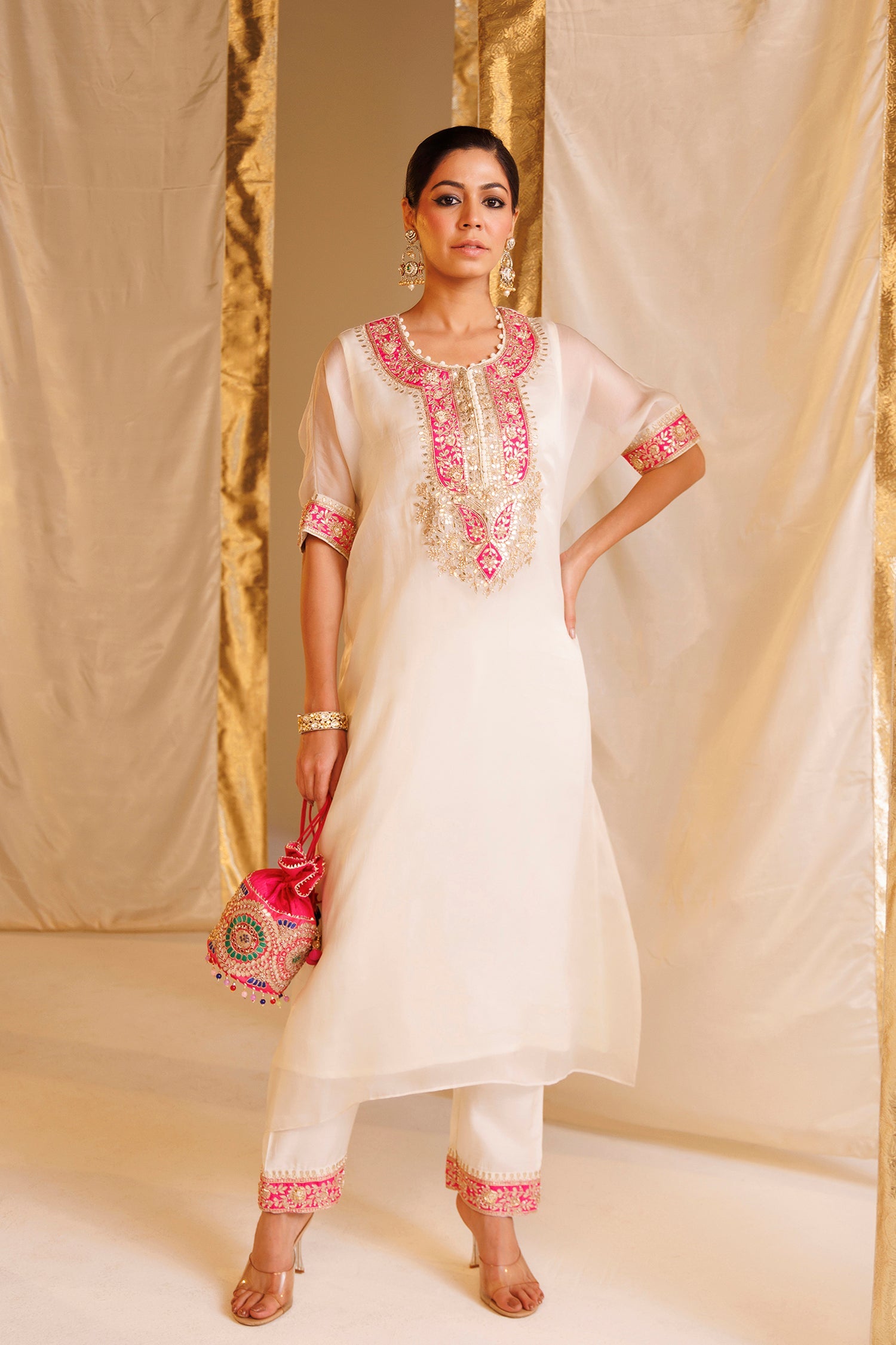 Pure Organza Kaftan Suit with Gota Patti, Pearl and Thread work