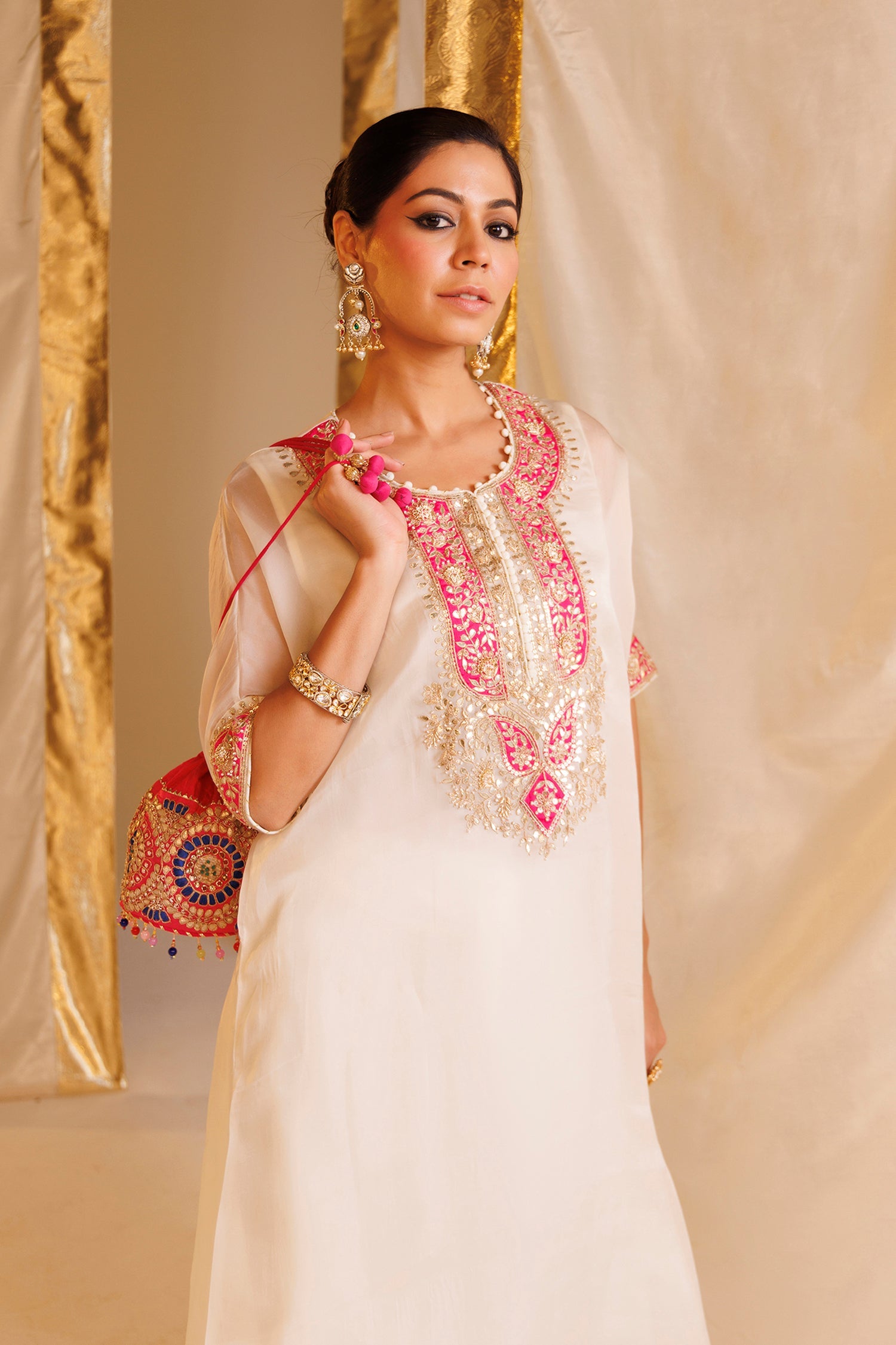 Pure Organza Kaftan Suit with Gota Patti, Pearl and Thread work
