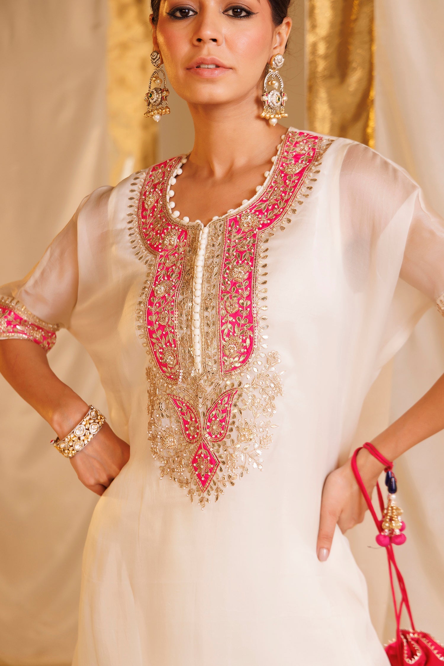 Pure Organza Kaftan Suit with Gota Patti, Pearl and Thread work