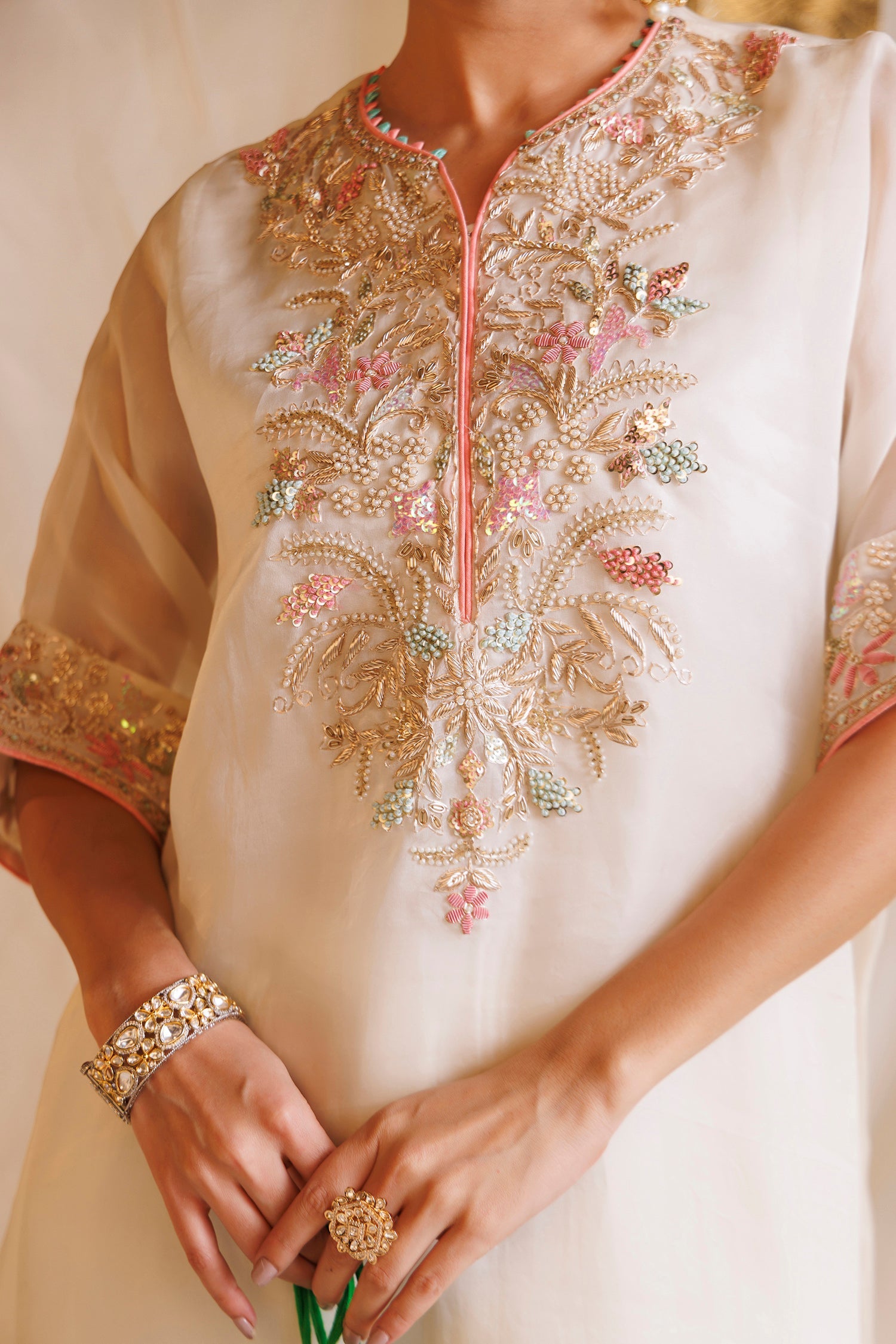 Pure Organza Kaftan Suit with Pearl, Thread and Zardozi work