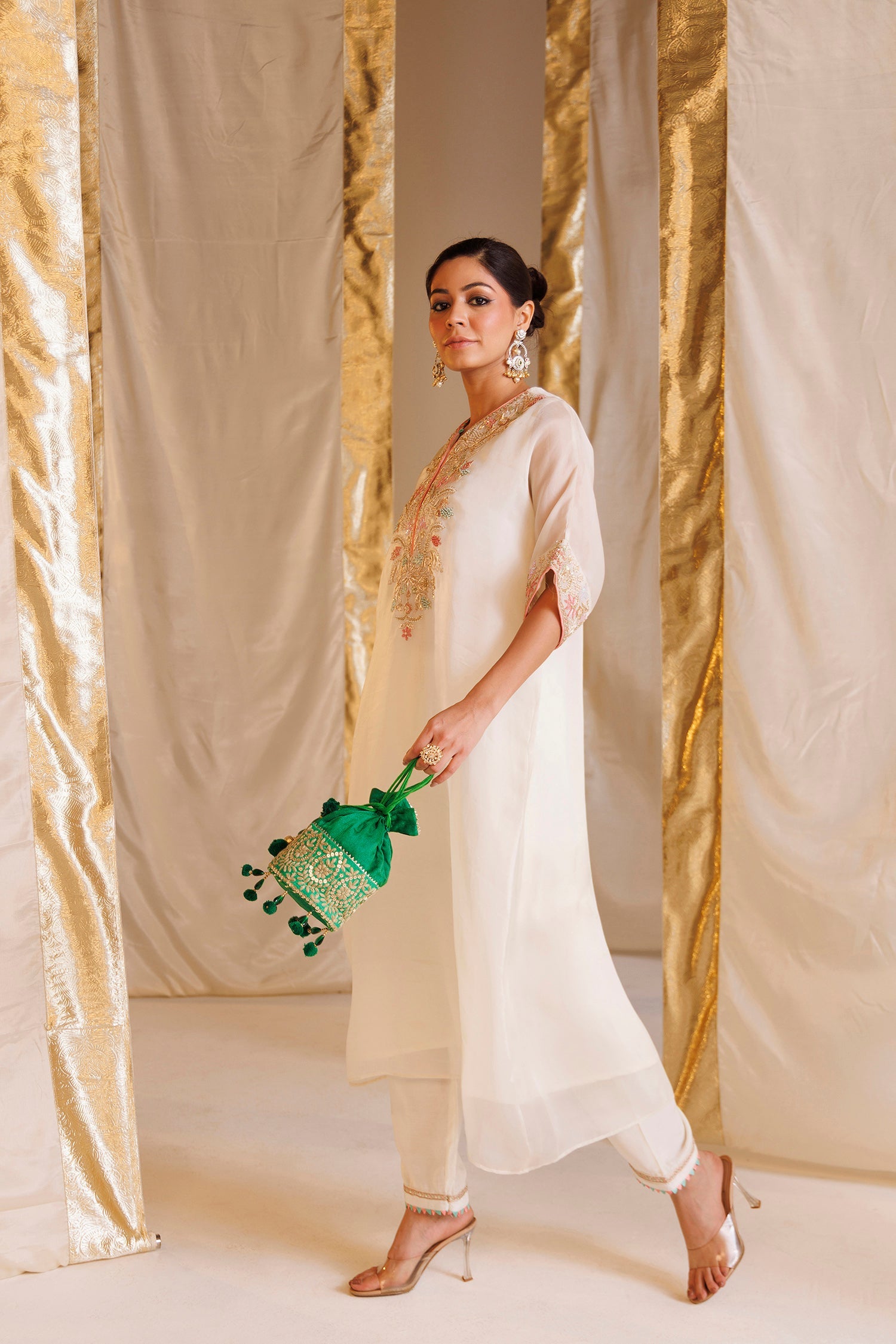 Pure Organza Kaftan Suit with Pearl, Thread and Zardozi work