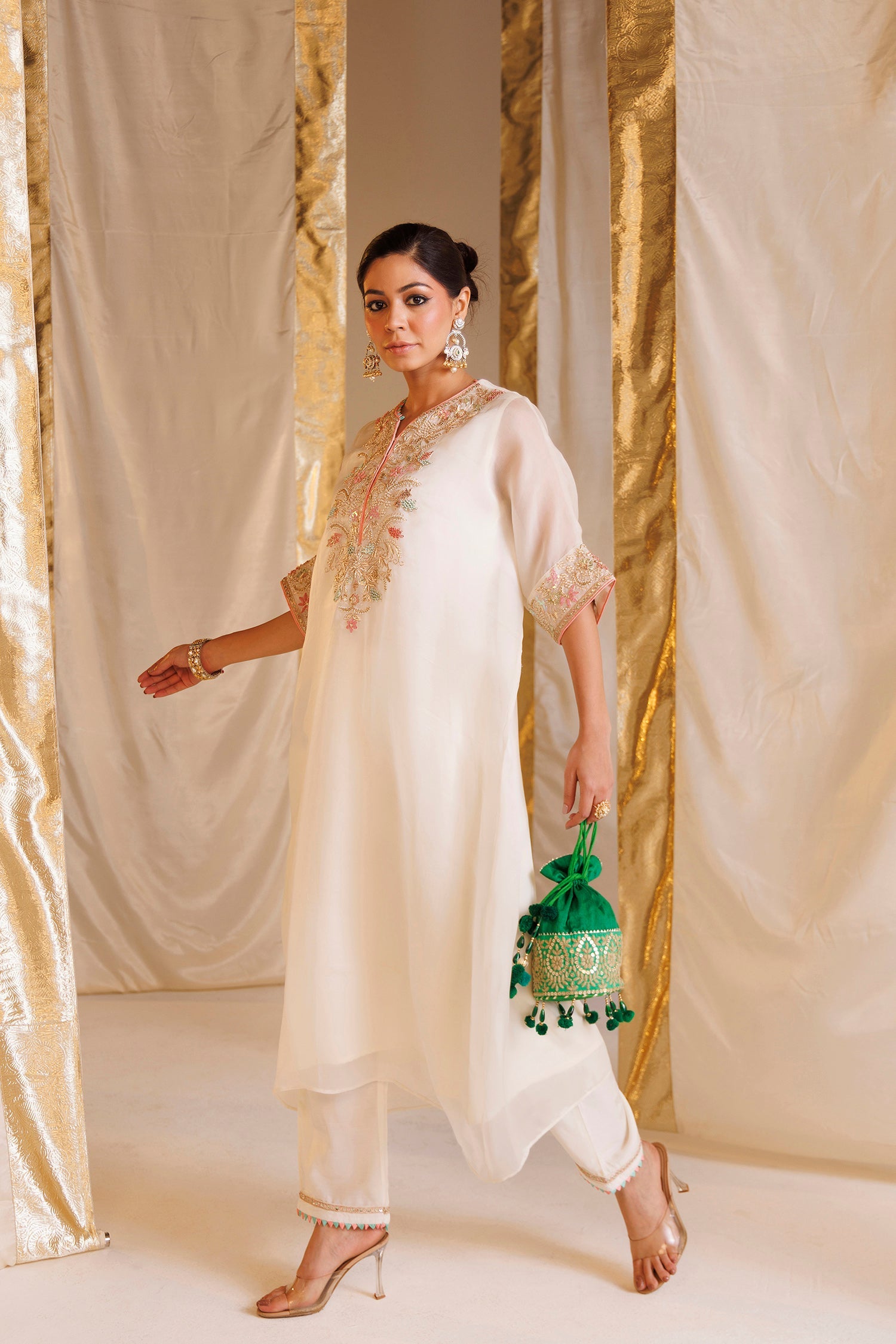 Pure Organza Kaftan Suit with Pearl, Thread and Zardozi work