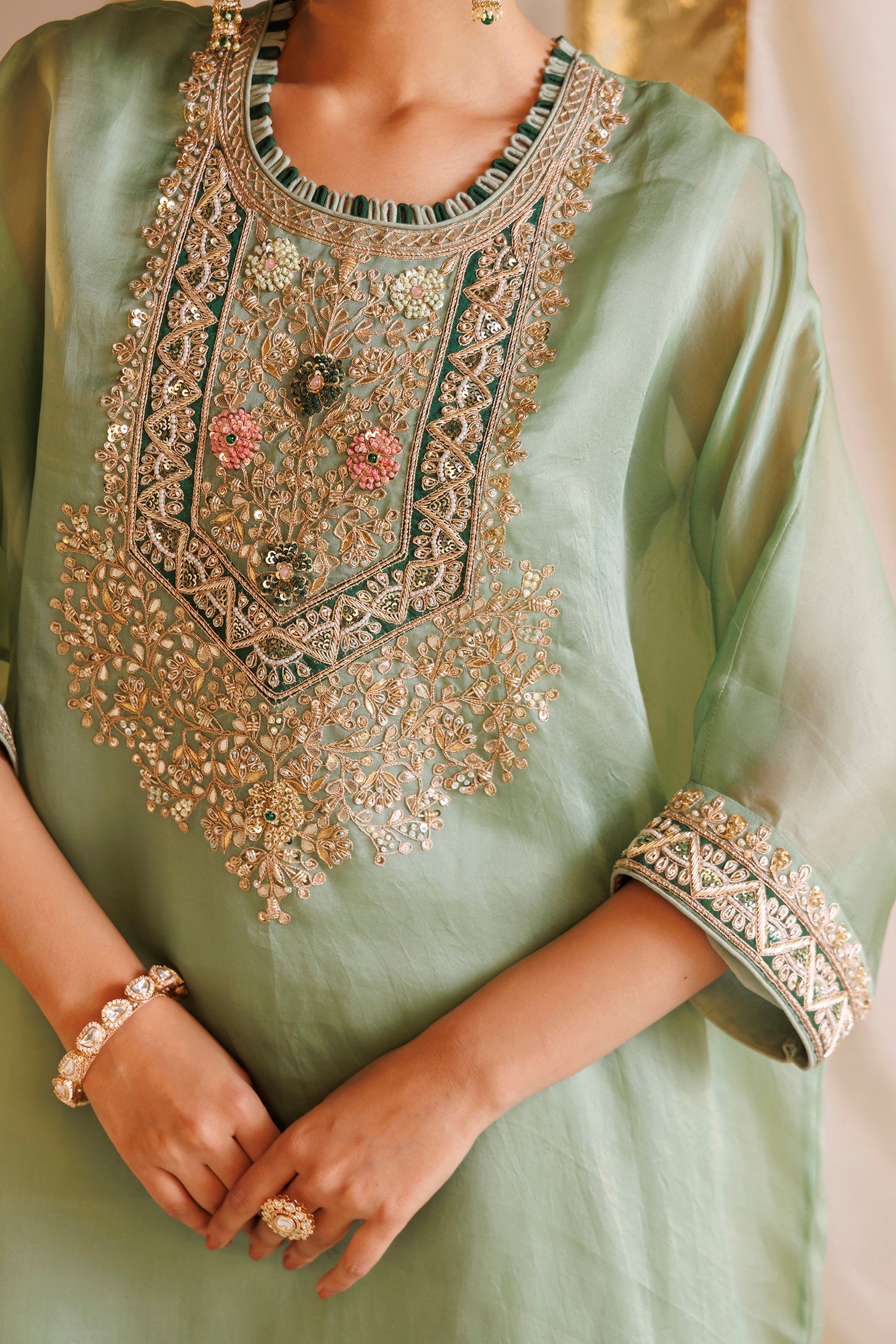 Organza Kaftan Suit with Gota Patti, Pearl and Zardozi work