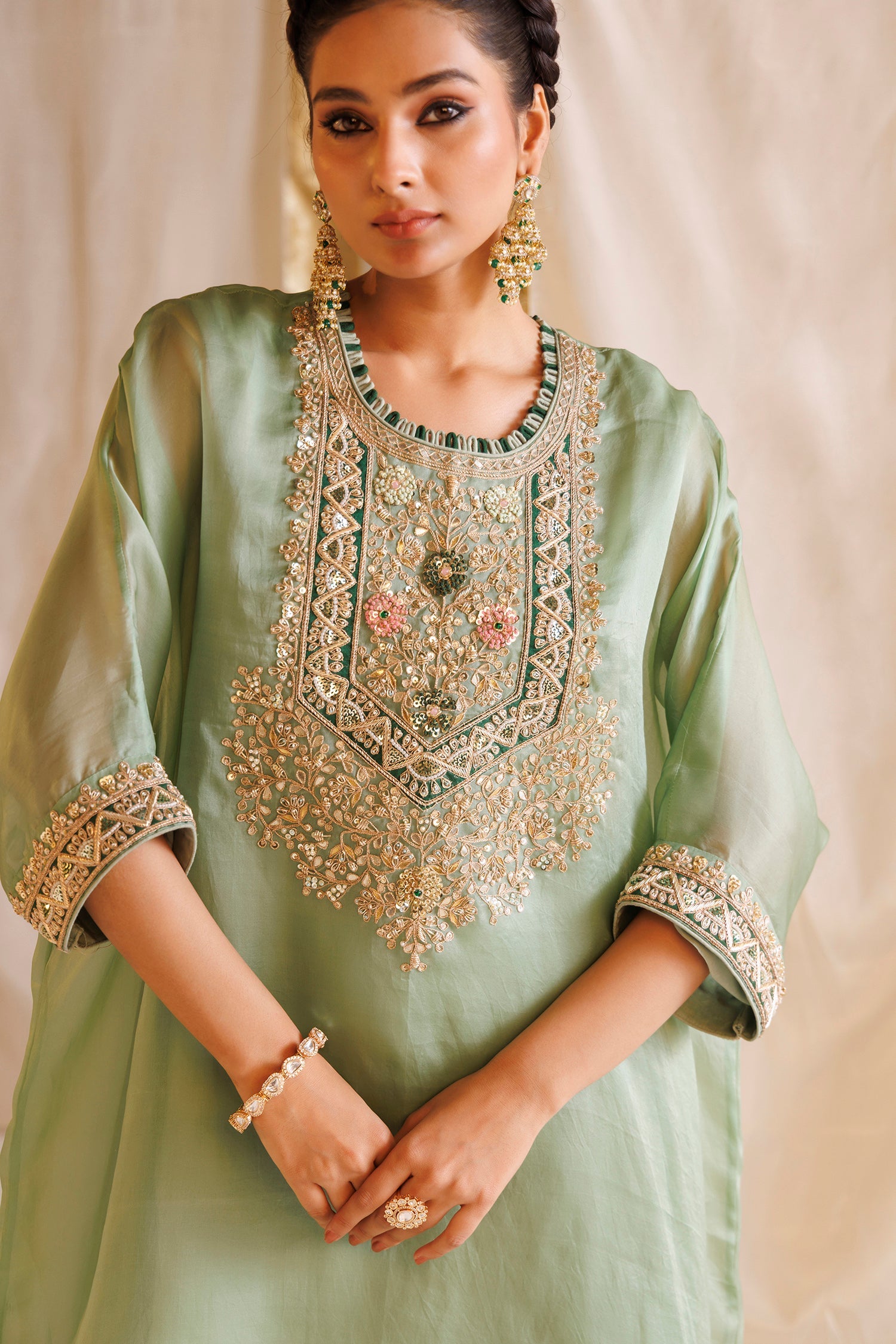 Organza Kaftan Suit with Gota Patti, Pearl and Zardozi work