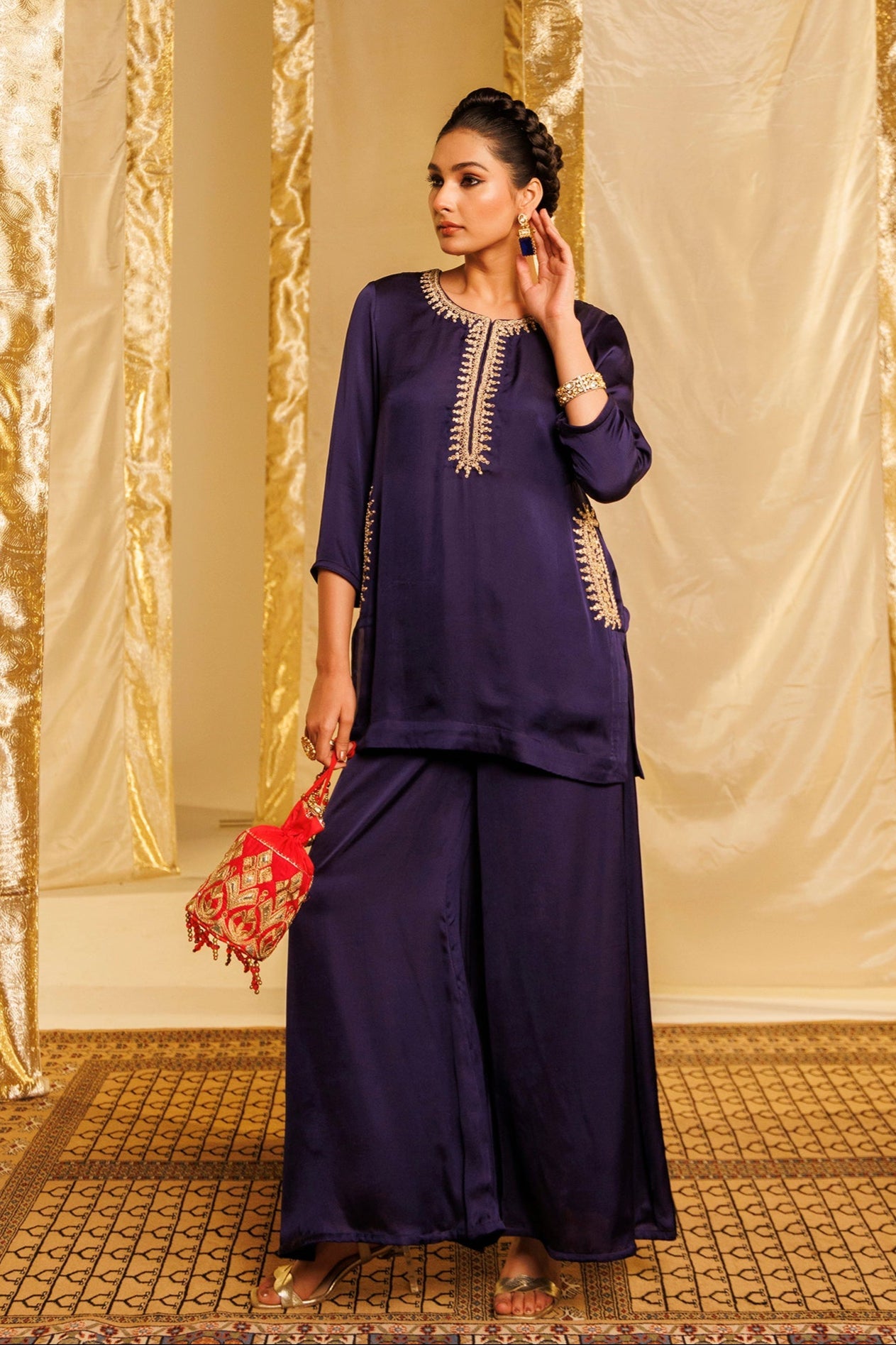 Satin Silk Indowestern with Dori and Sequins work