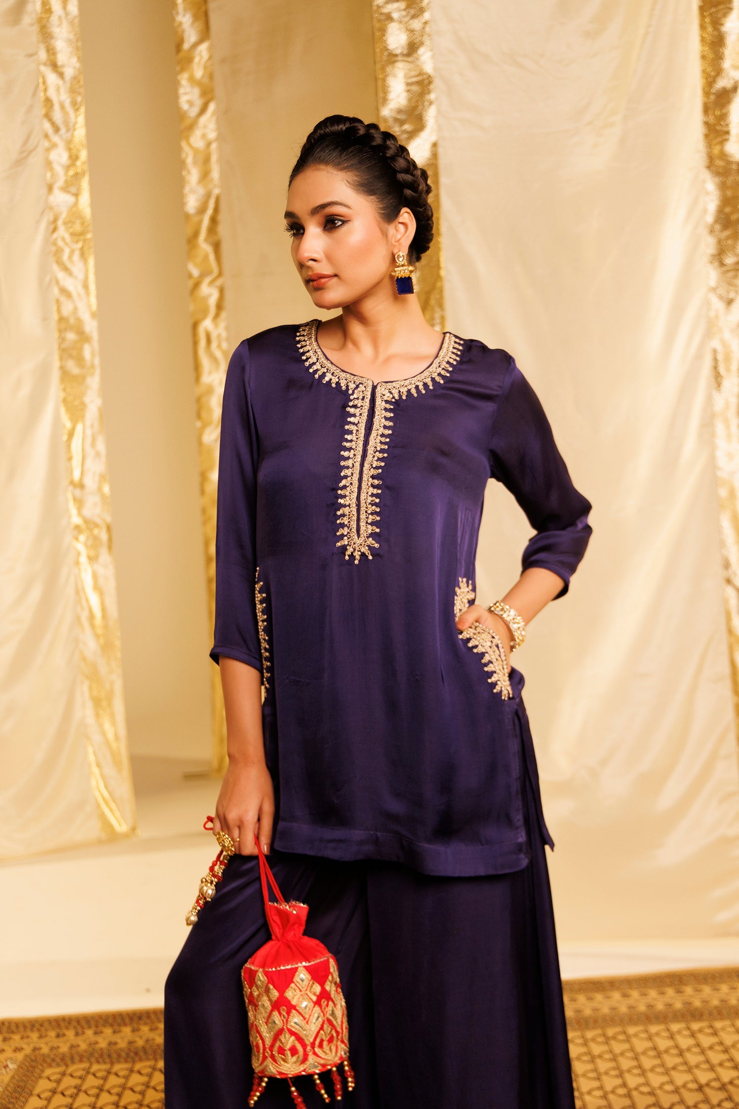 Satin Silk Indowestern with Dori and Sequins work