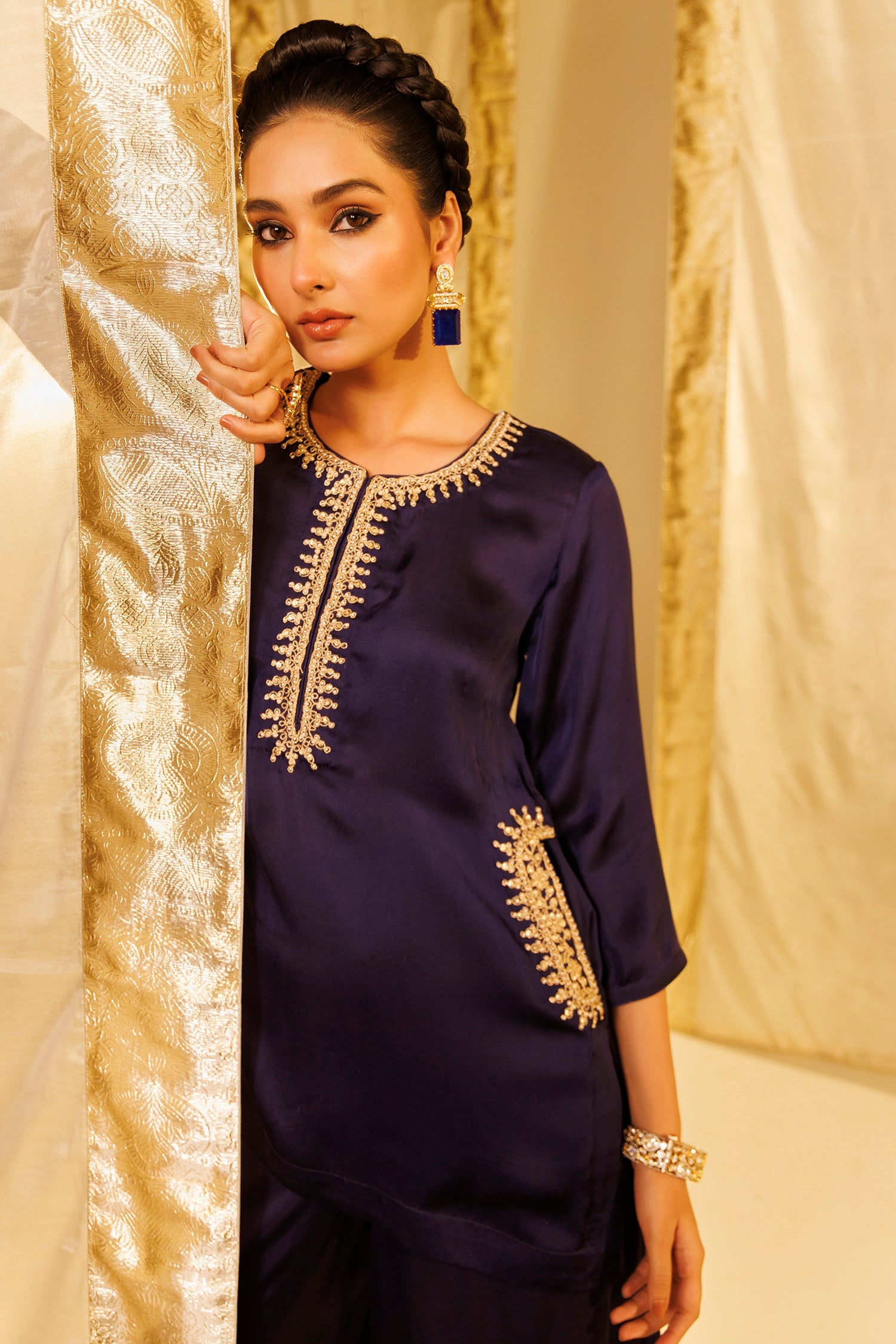 Satin Silk Indowestern with Dori and Sequins work