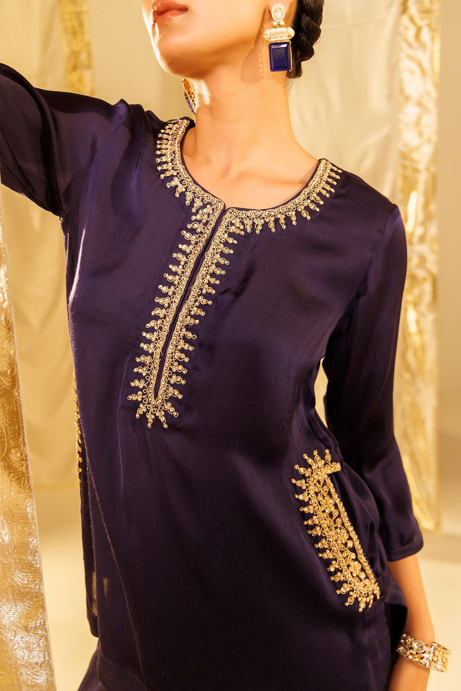 Satin Silk Indowestern with Dori and Sequins work