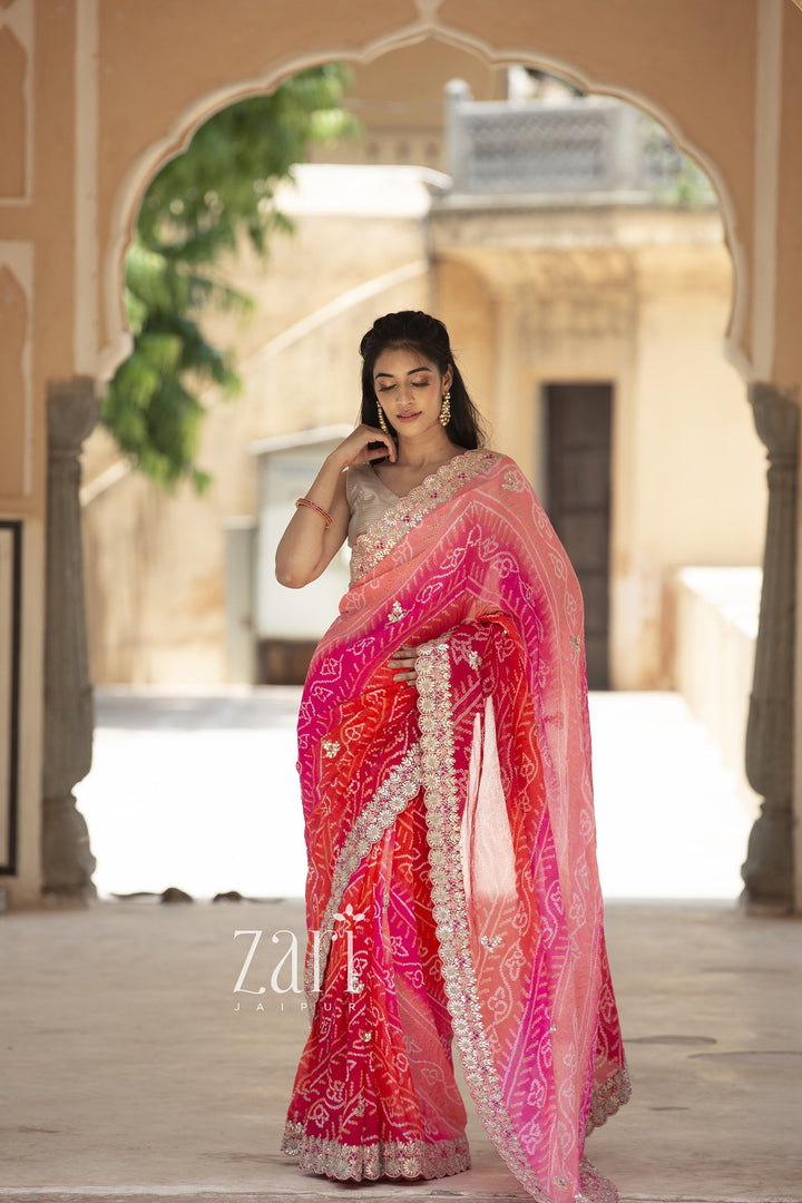 Traditional Bandhej Chinon Silk Saree with Gota Patti and Thread Work