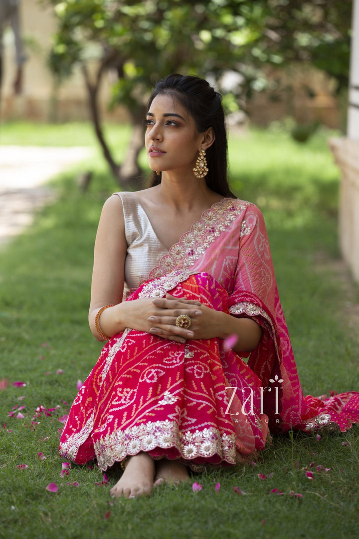 Traditional Bandhej Chinon Silk Saree with Gota Patti and Thread Work