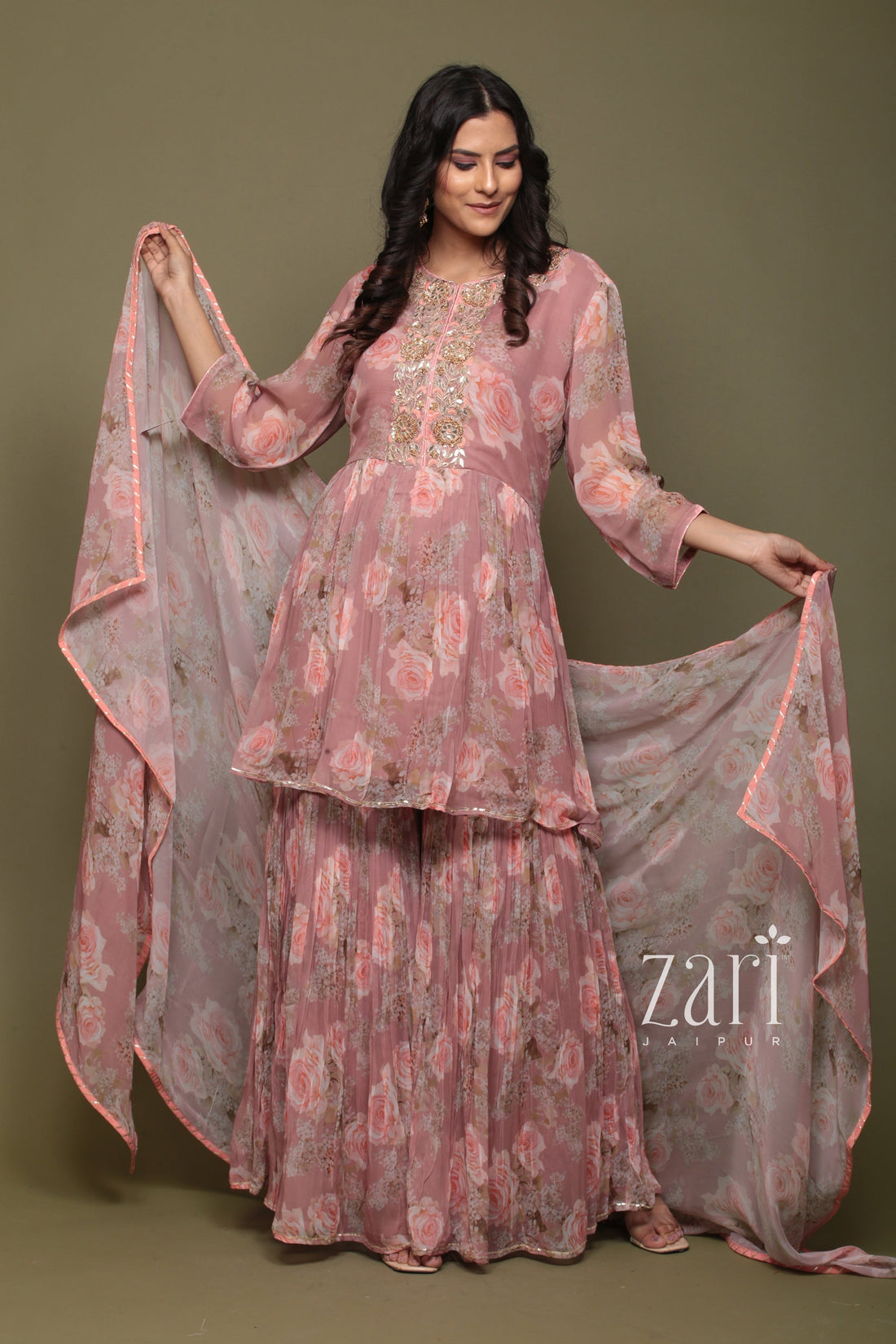 Printed Georgette Peplum kurta with Sharara in Digital Print