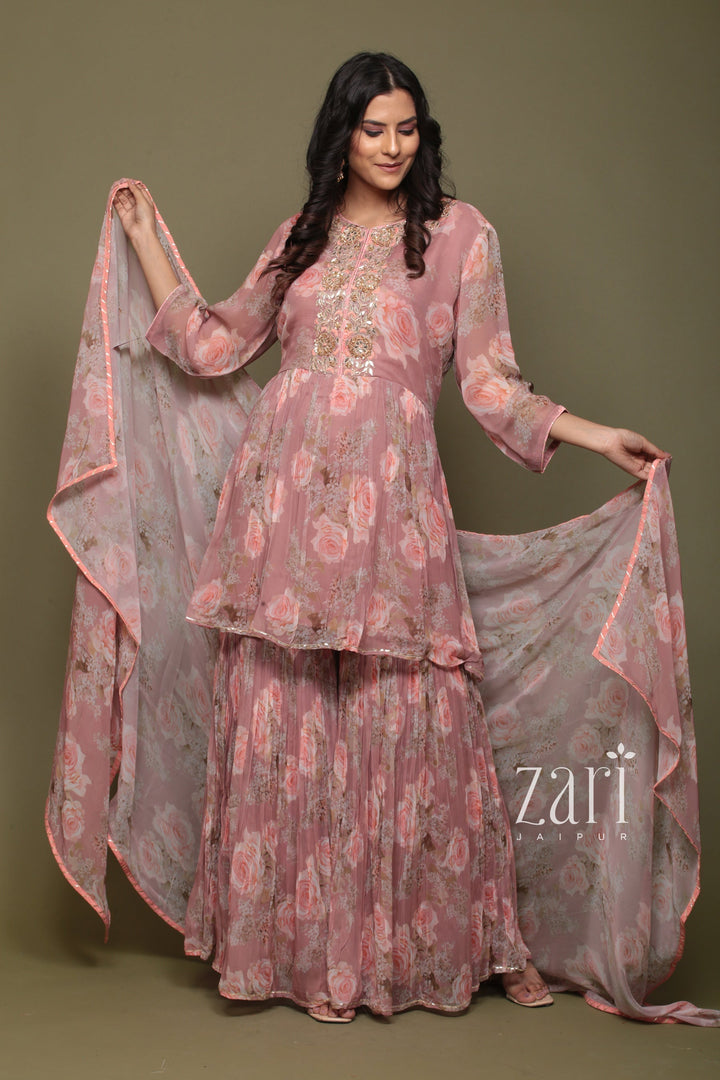 Printed Georgette Peplum kurta with Sharara in Digital Print